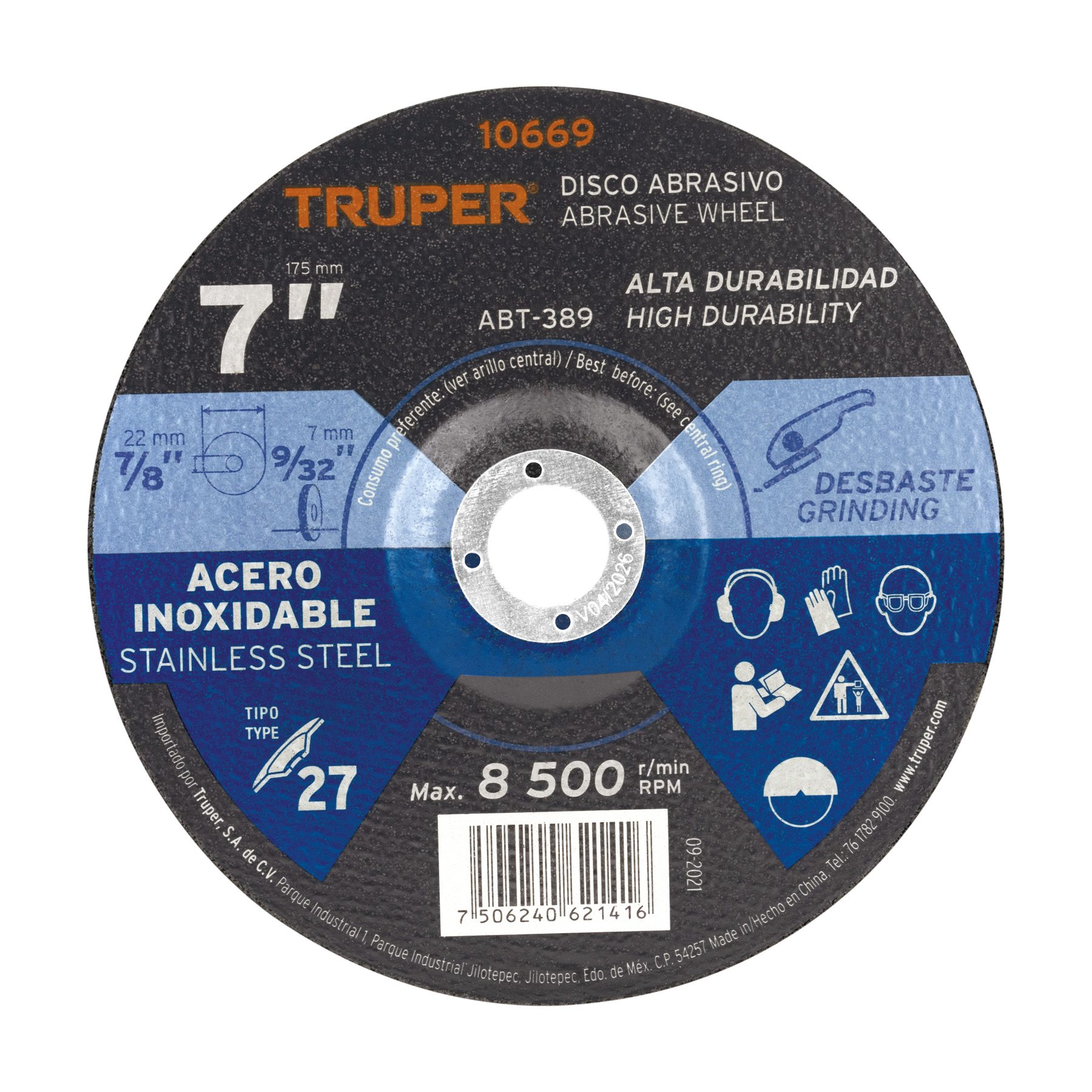 Disco Tipo 27 de 7' x 7.2 mm desbaste de acero inoxidable