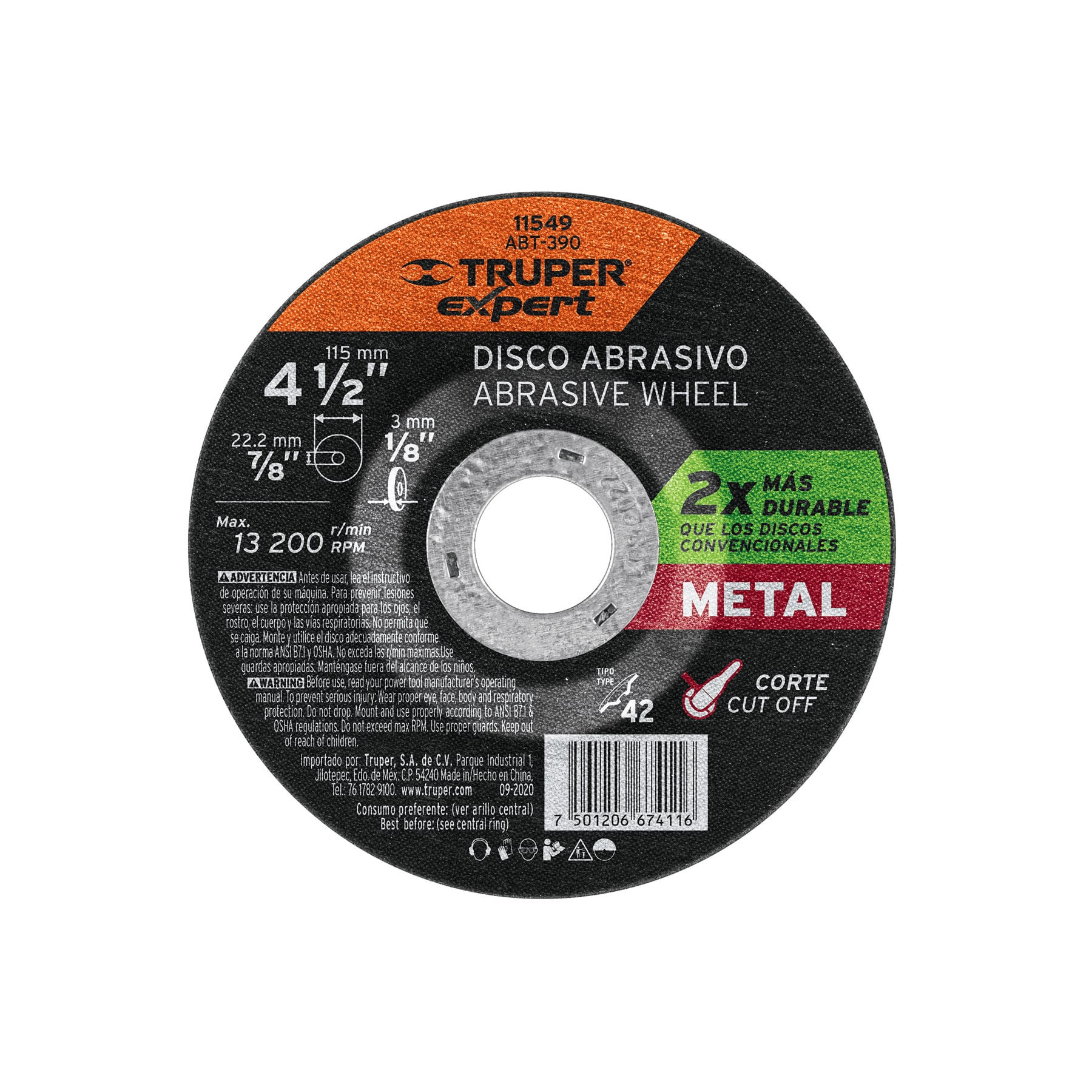 Disco Tipo 42 de 4-1/2' x 3.2 mm corte metal, Truper Expert