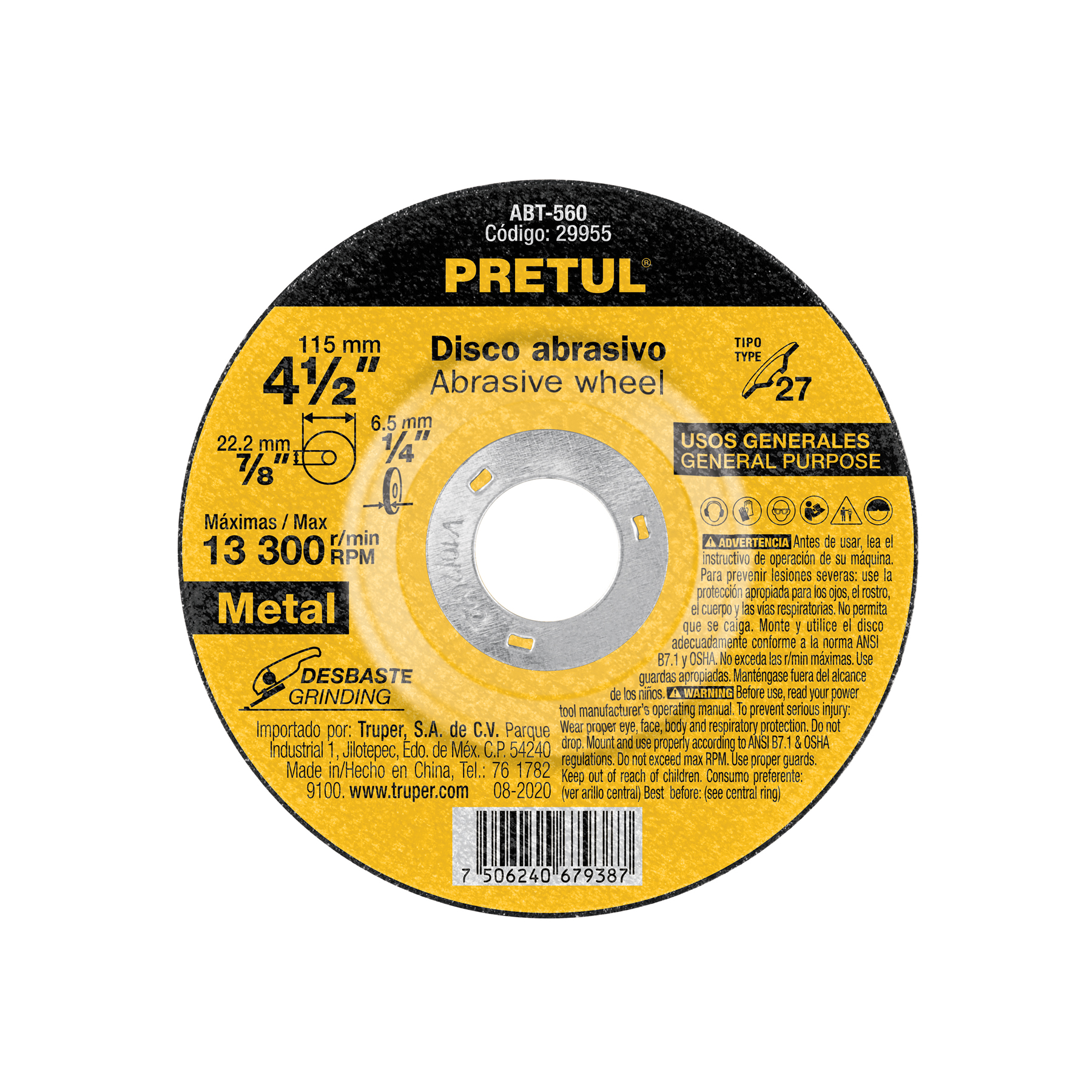 Disco Tipo 27 de 4-1/2' x 6.2 mm desbaste de metal, Pretul