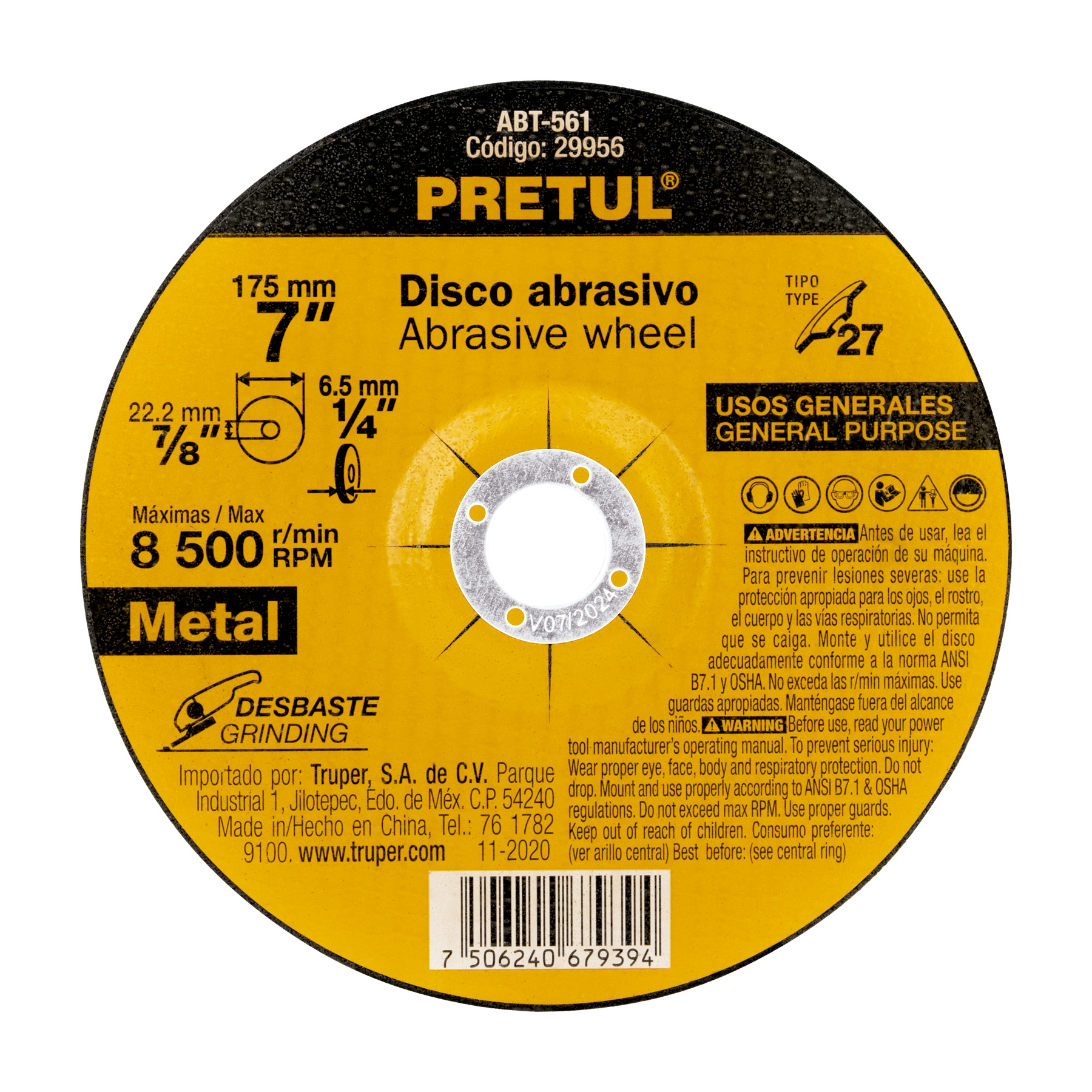 Disco Tipo 27 de 7' x 6.2 mm desbaste de metal, Pretul