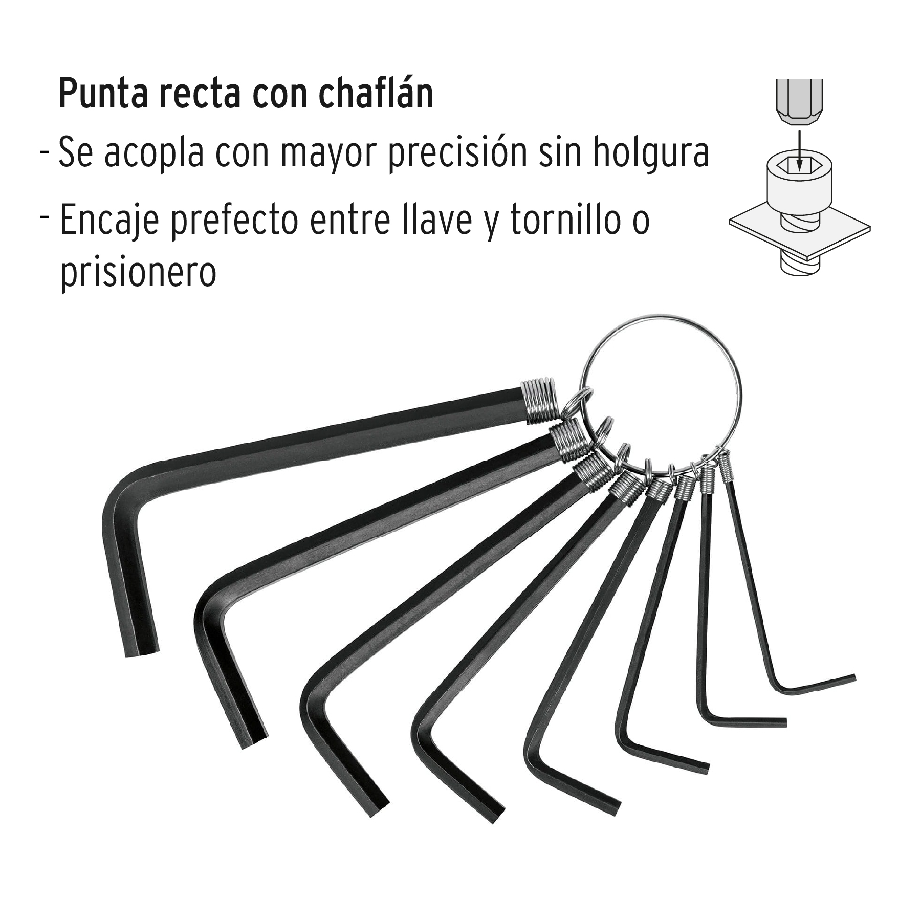 Juego de 8 llaves allen mm tipo llavero, punta hex, PRETUL - Imagen 2