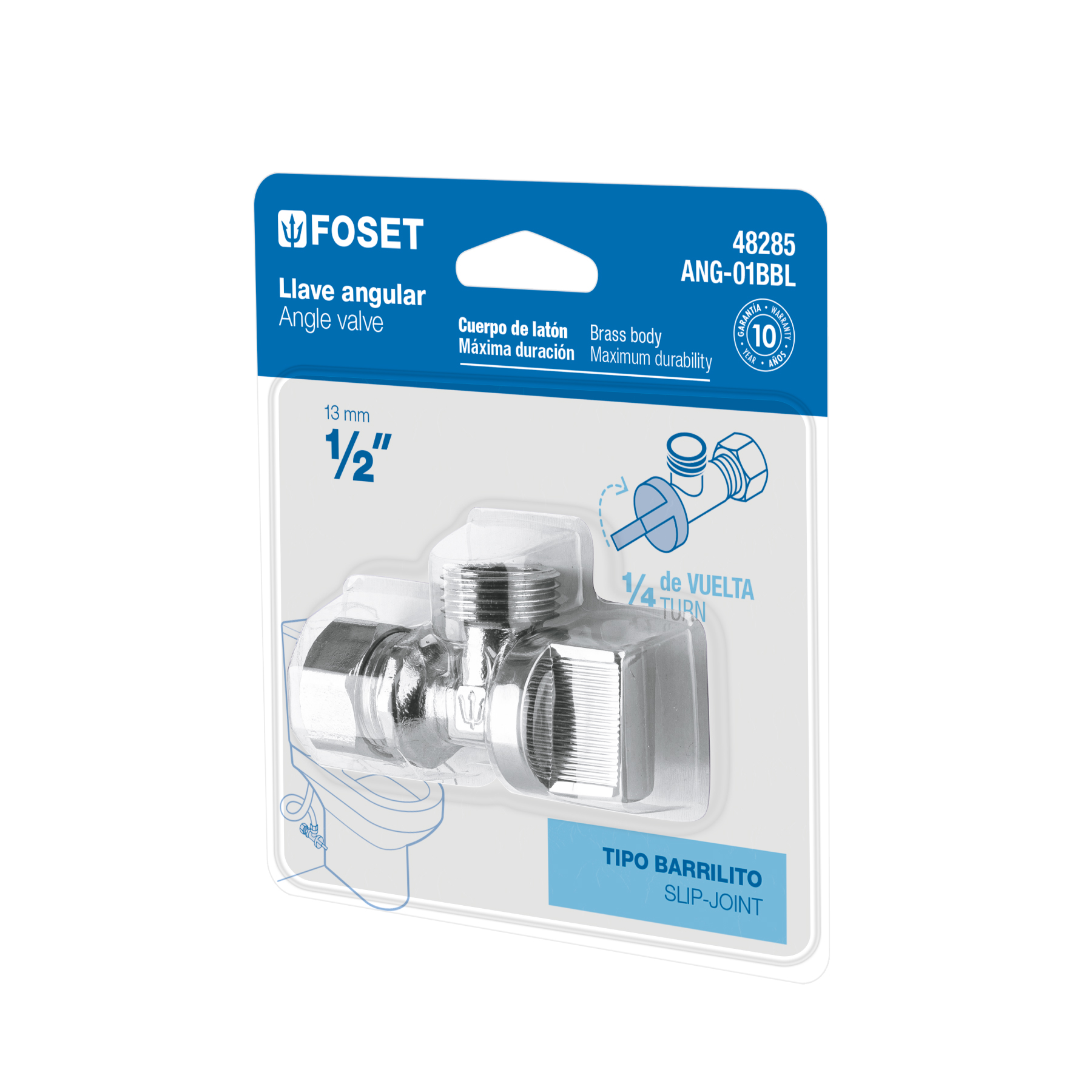Llave angular 1/2', 1/4 de vuelta, barrilito, blíster, FOSET