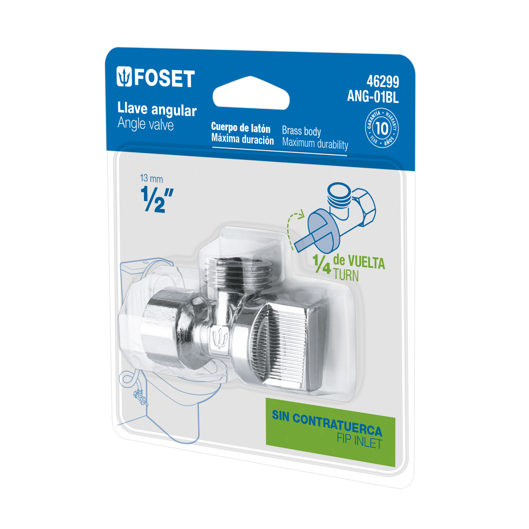 Llave angular 1/2', 1/4 de vuelta, roscable, blíster, FOSET