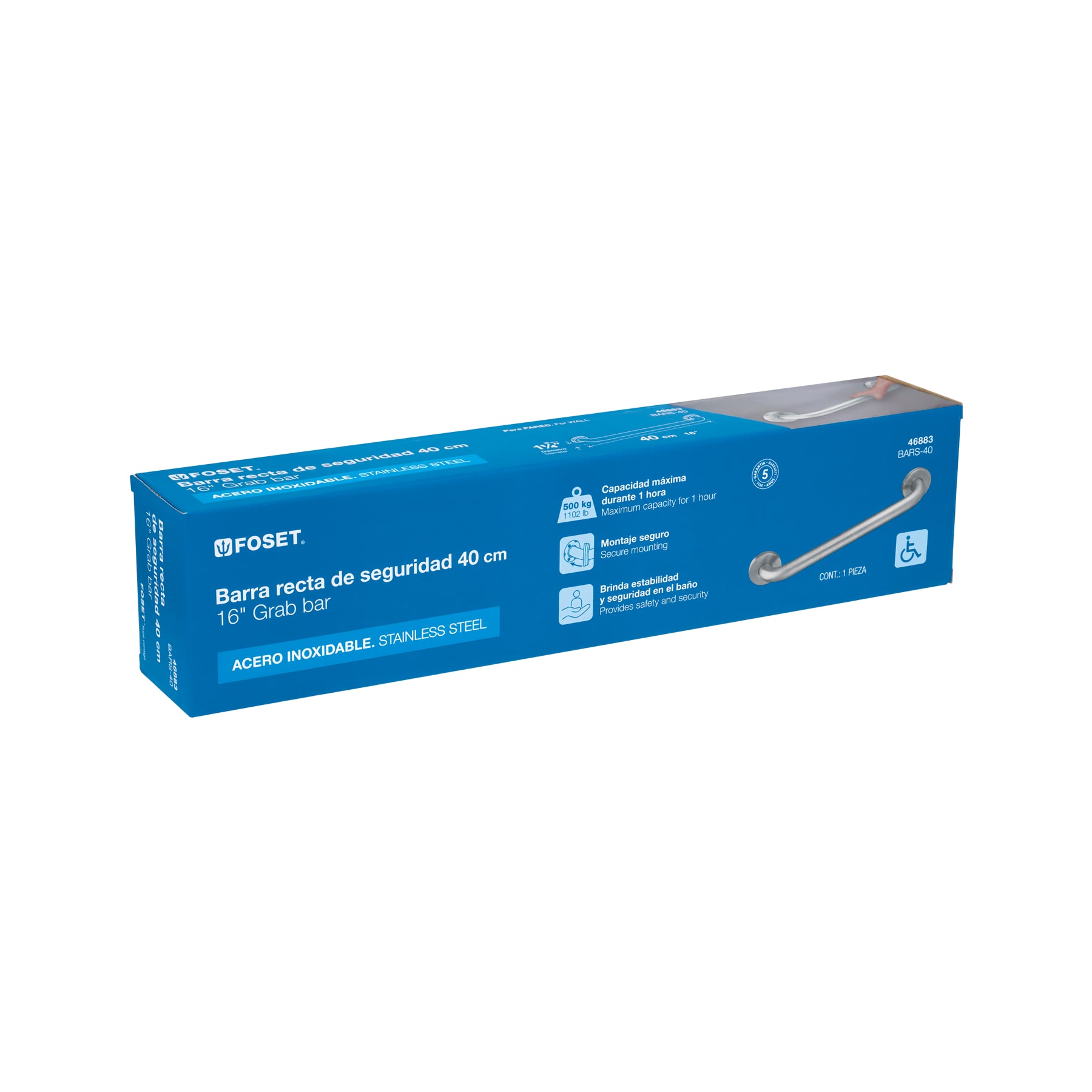 Barra recta de seguridad, acero inox, 1-1/4' x 40cm, FOSET - Imagen 4