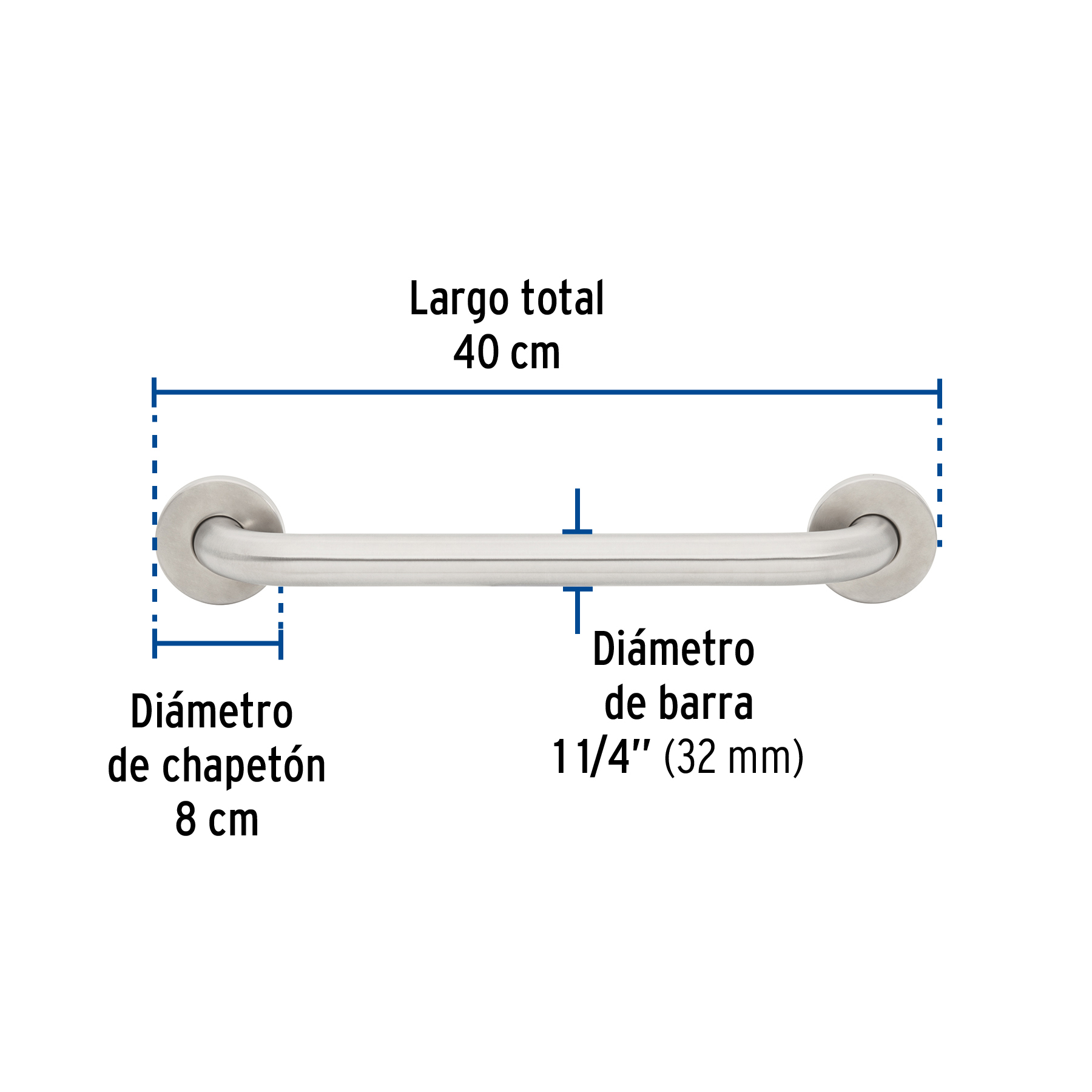 Barra recta de seguridad, acero inox, 1-1/4' x 40cm, FOSET - Imagen 3