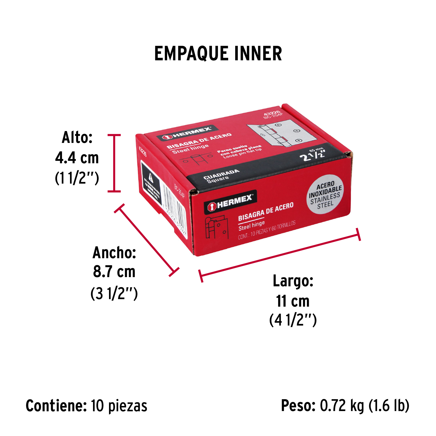 Bisagra cuadrada 2-1/2' acero inox, cabeza plana, HERMEX