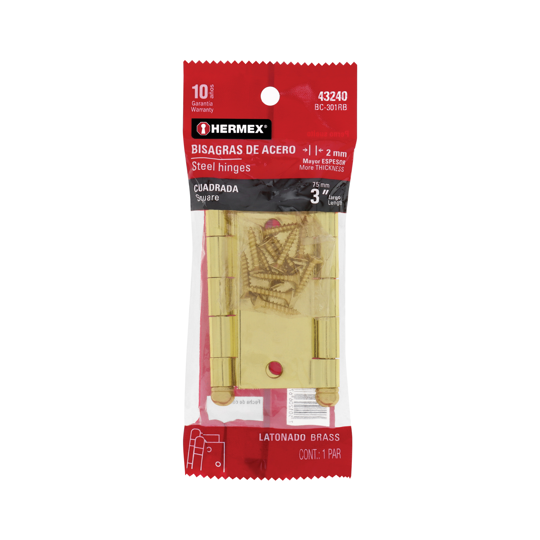 Bolsa c/2 bisagras cuadradas 3', latonado, cabeza redonda