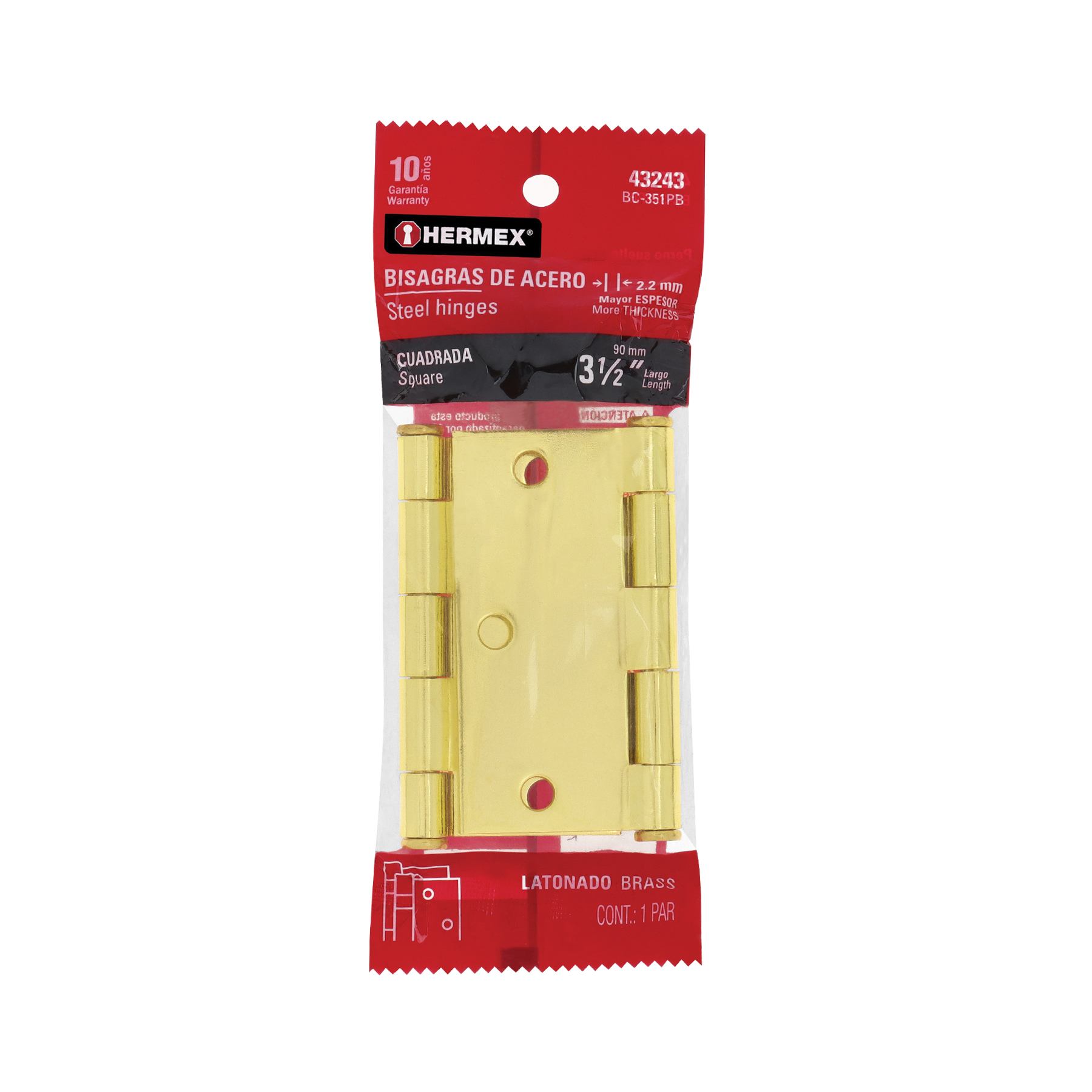 Bolsa c/2 bisagras cuadradas 3-1/2', latonado, cabeza plana