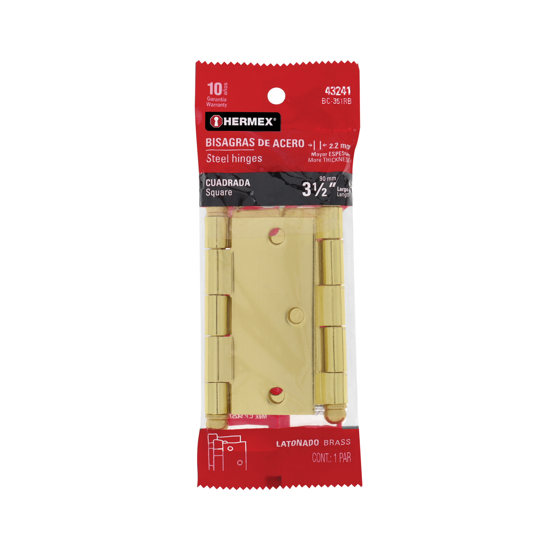 Bolsa c/2 bisagras cuadradas 3-1/2' latonado,cabeza redonda