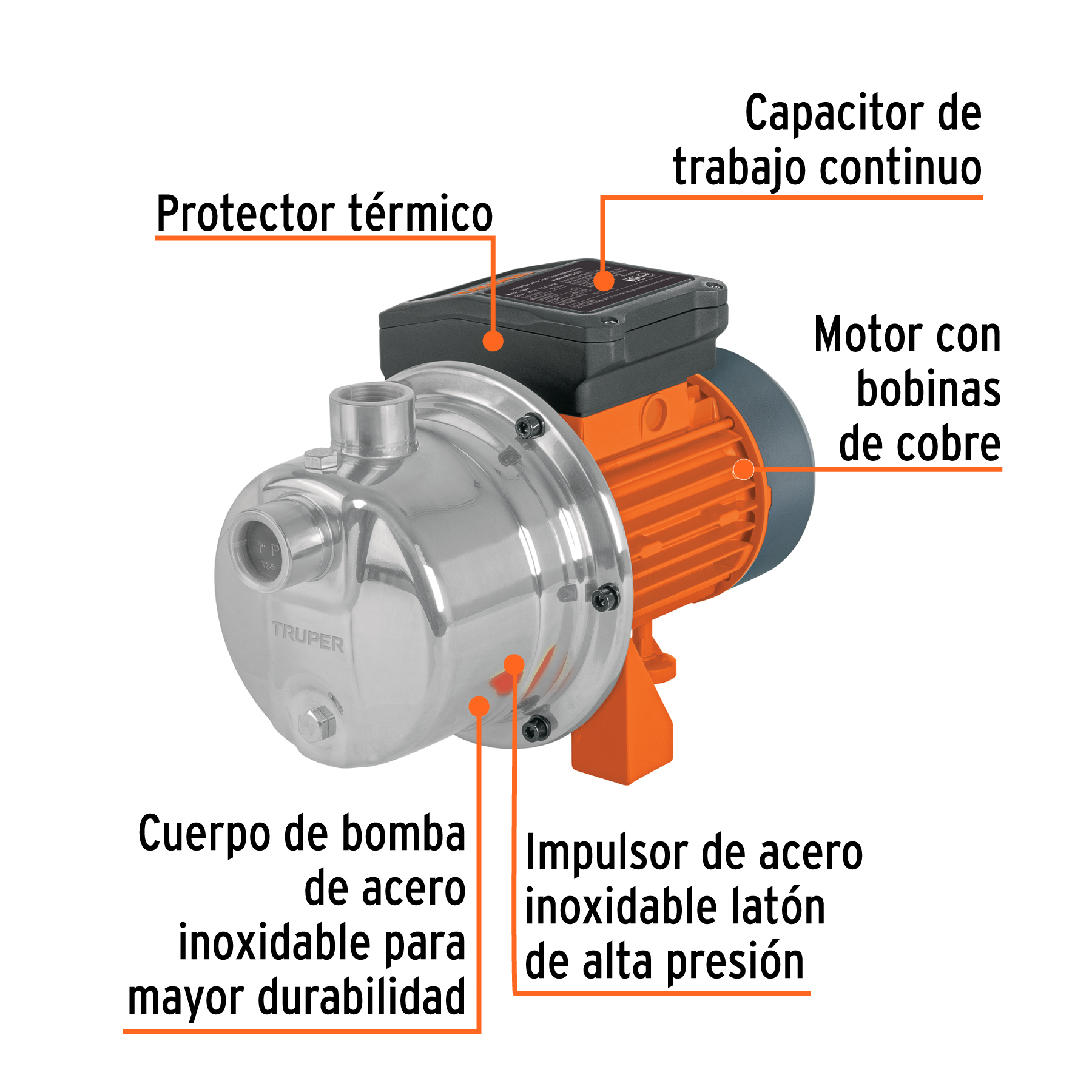 Bomba tipo jet, cabezal de acero inoxidable, 1/2 HP, TRUPER - Imagen 2