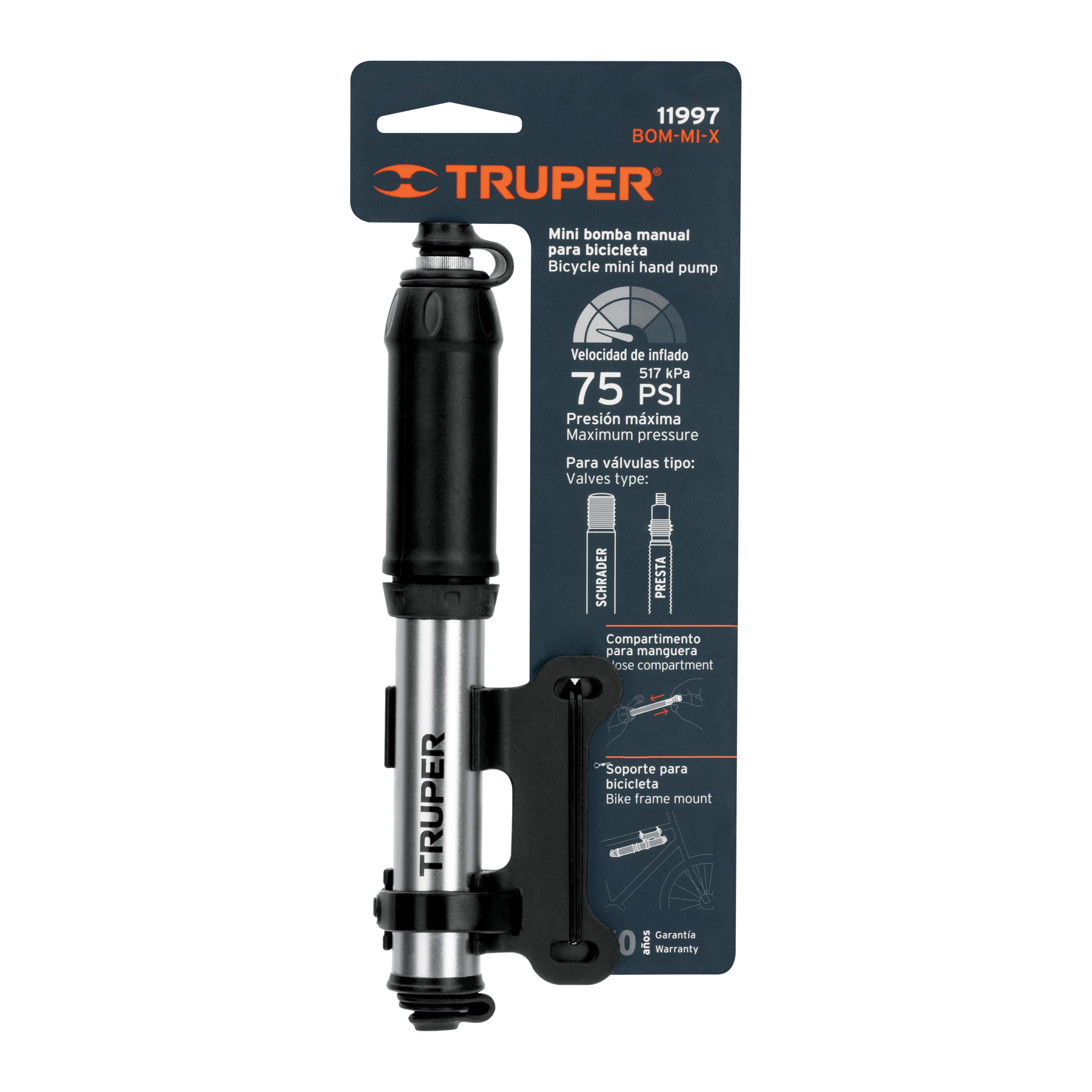 Mini bomba manual para bicicleta, abatible, 75 PSI, TRUPER - Imagen 5