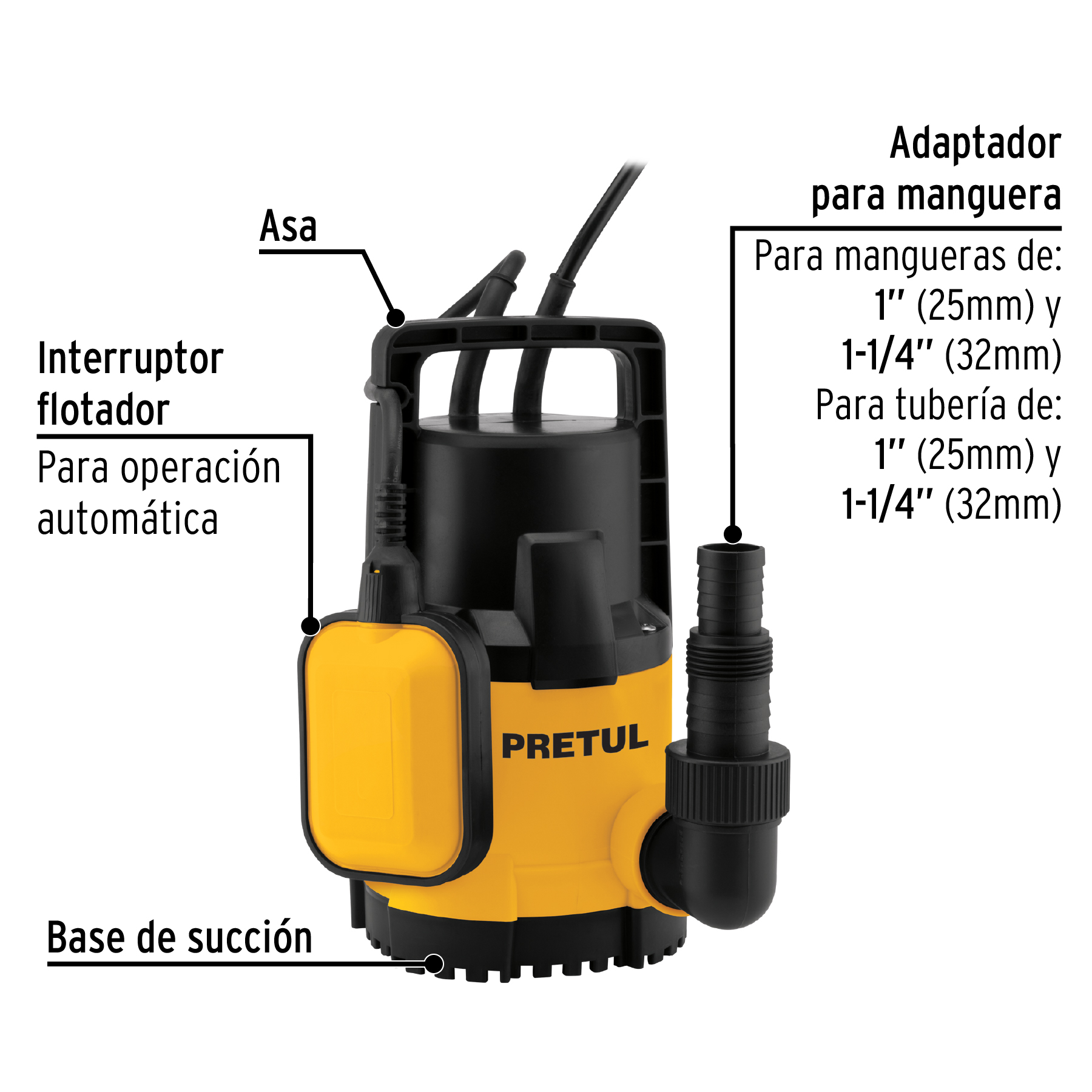 Bomba sumergible plástica, 1/2 HP para agua limpia, PRETUL - Imagen 2