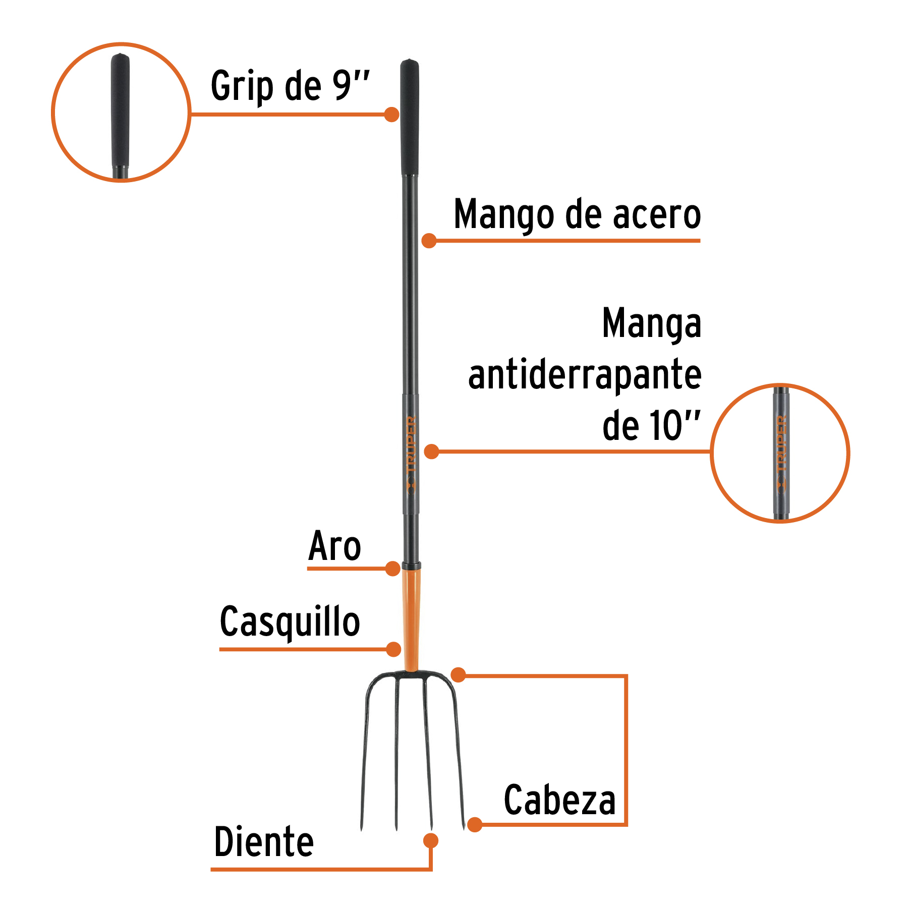 Bieldo para paja, 4 dientes, mgo largo de acero 48' TRUPER - Imagen 2