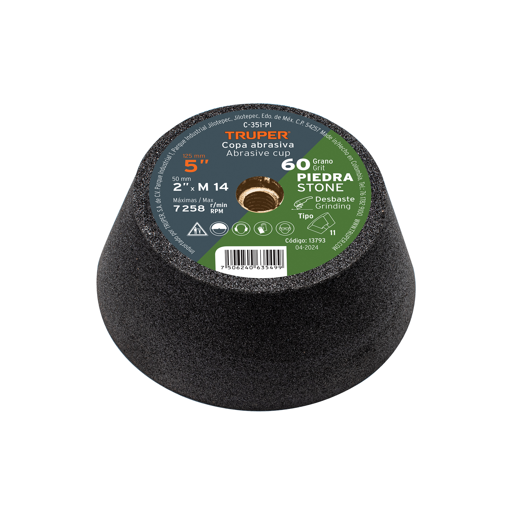 Copa desbaste de piedra 5' grano 60, eje M14, Truper