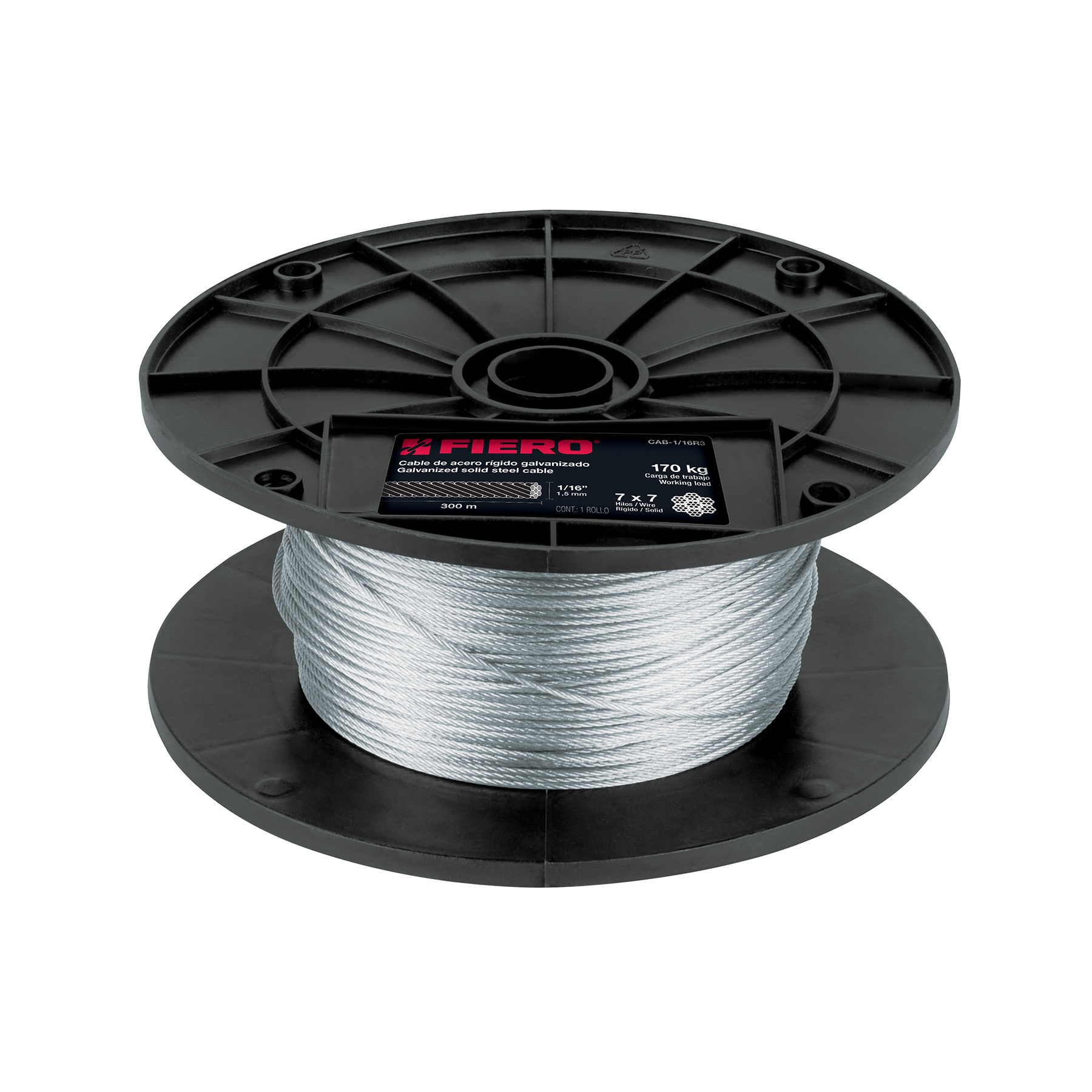 Metro de cable rígido 1/16' de acero 7x7 hilos, 300 m, FIERO