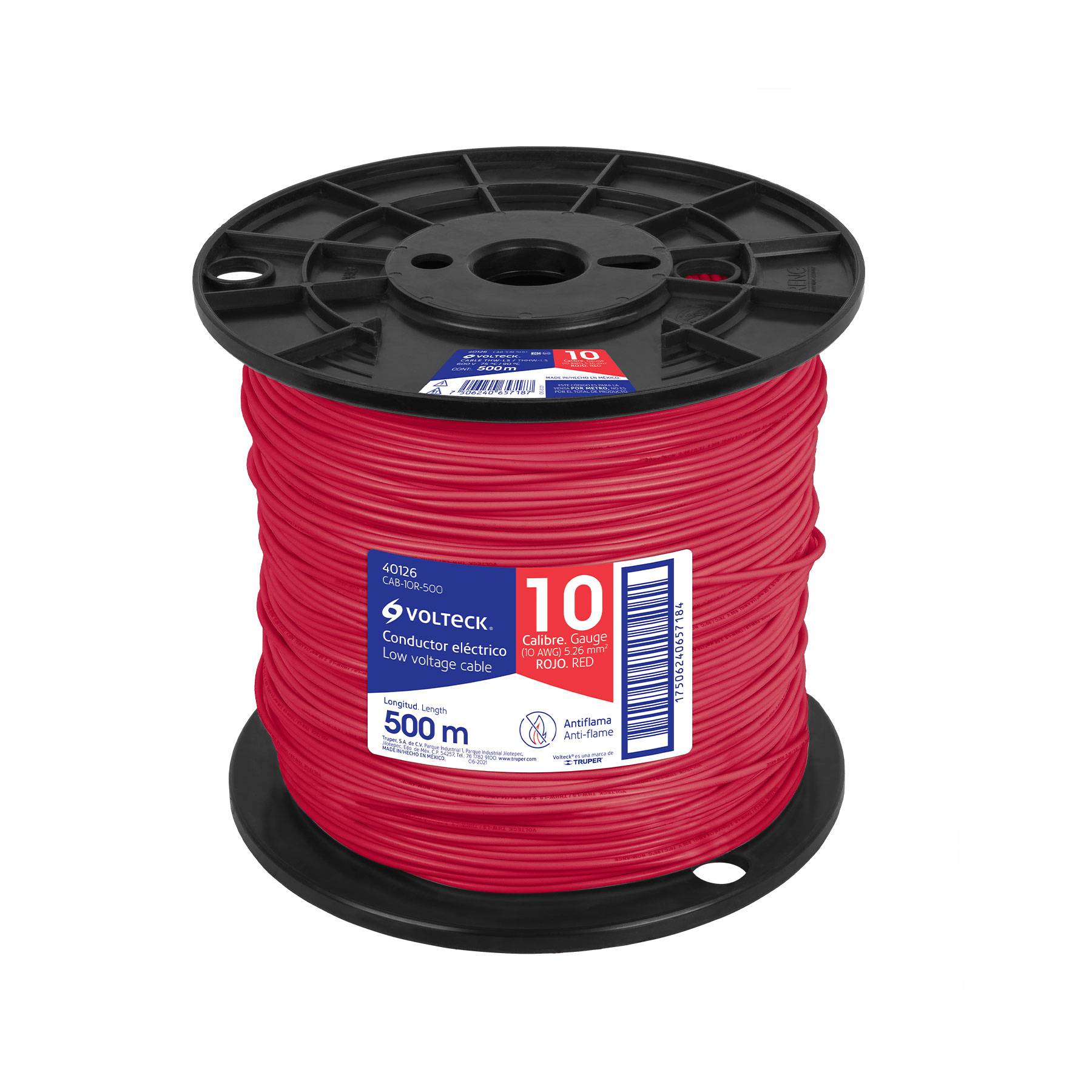 Metro de cable THHW-LS 10 AWG rojo en carrete de 500 m