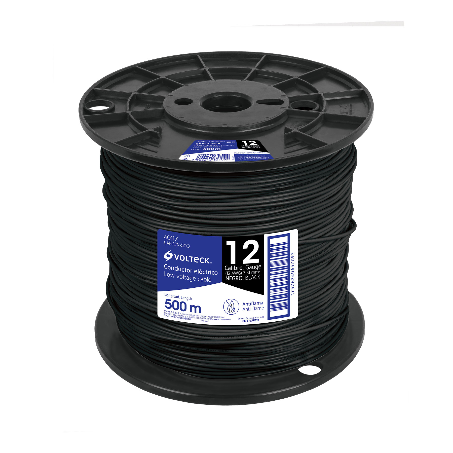 Metro de cable THHW-LS 12 AWG negro en carrete de 500 m