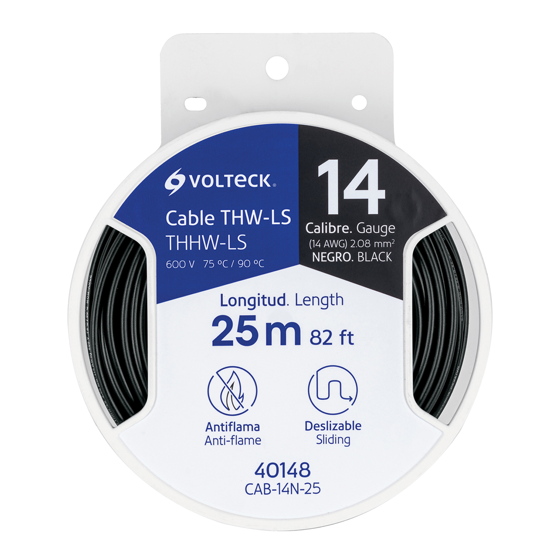 Carrete con 25 m de cable THHW-LS 14 AWG negro, Volteck