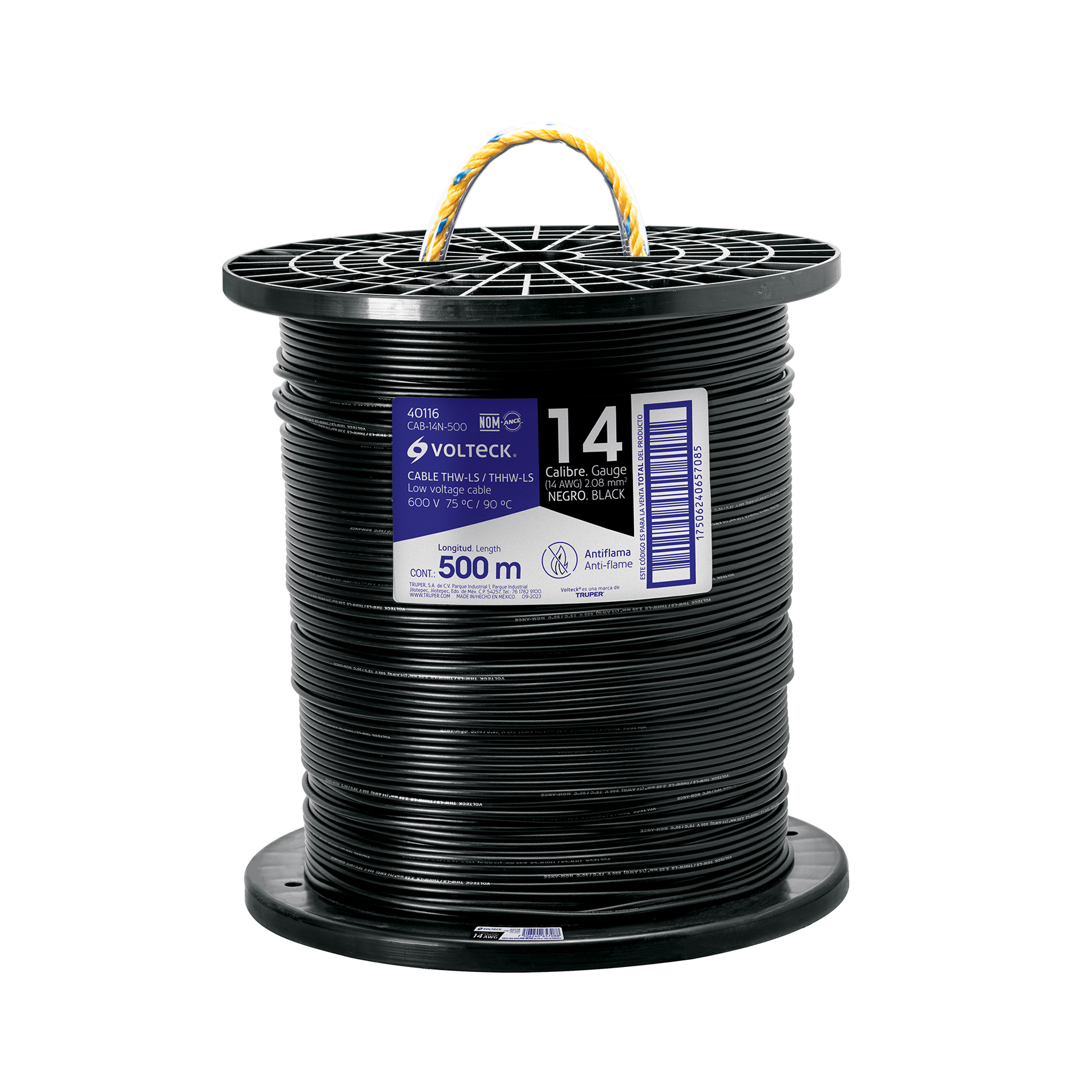 Metro de cable THHW-LS 14 AWG negro en carrete de 500 m