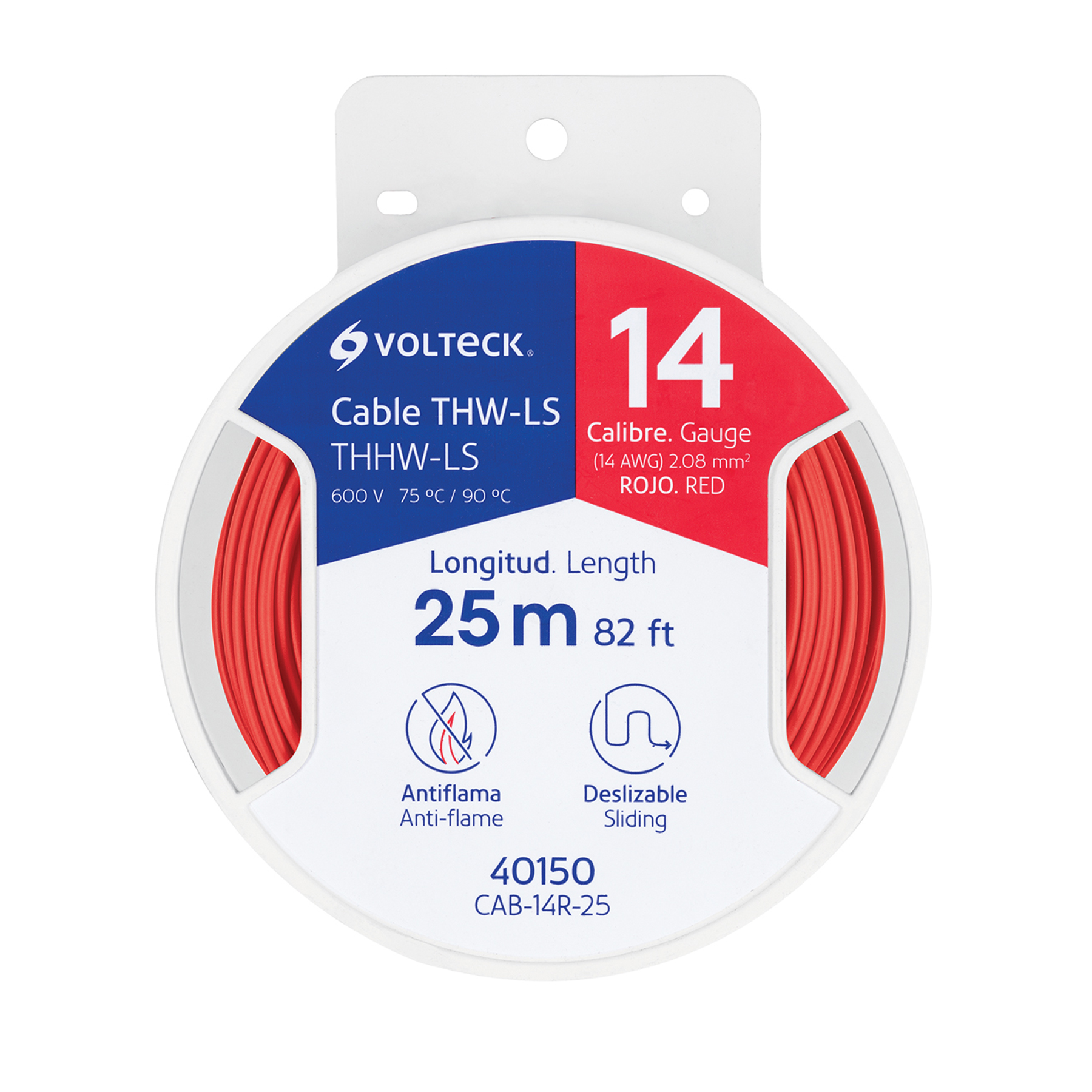 Carrete con 25 m de cable THHW-LS 14 AWG rojo, Volteck
