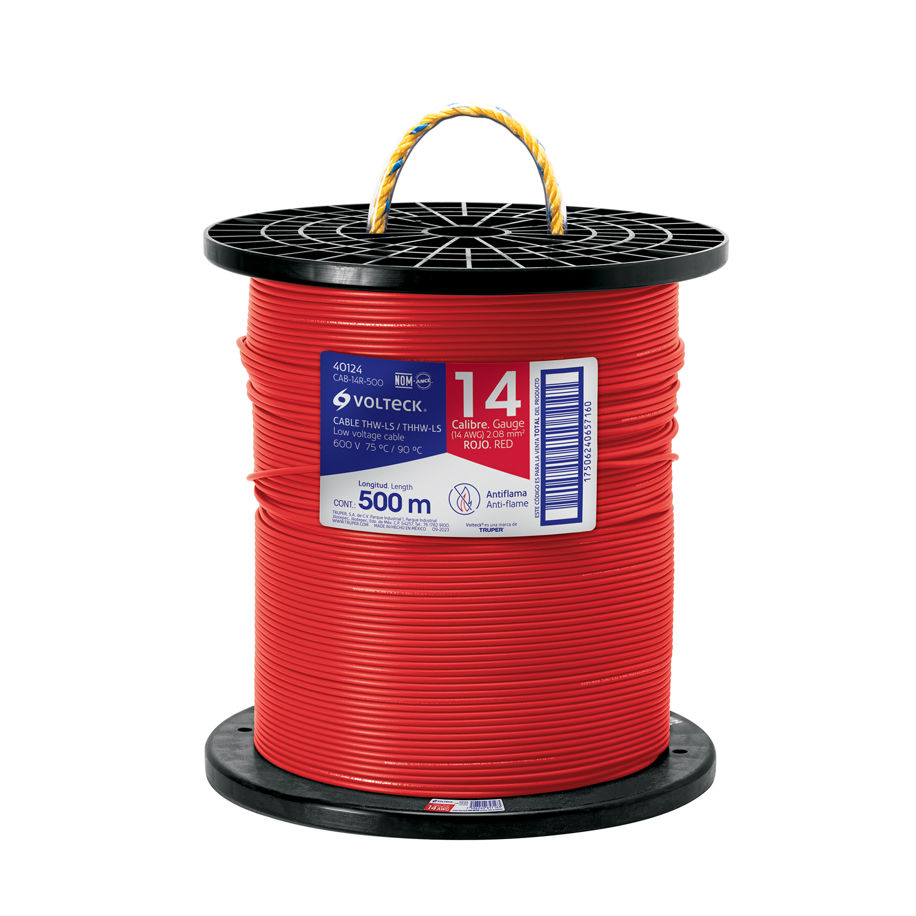 Metro de cable THHW-LS 14 AWG rojo en carrete de 500 m
