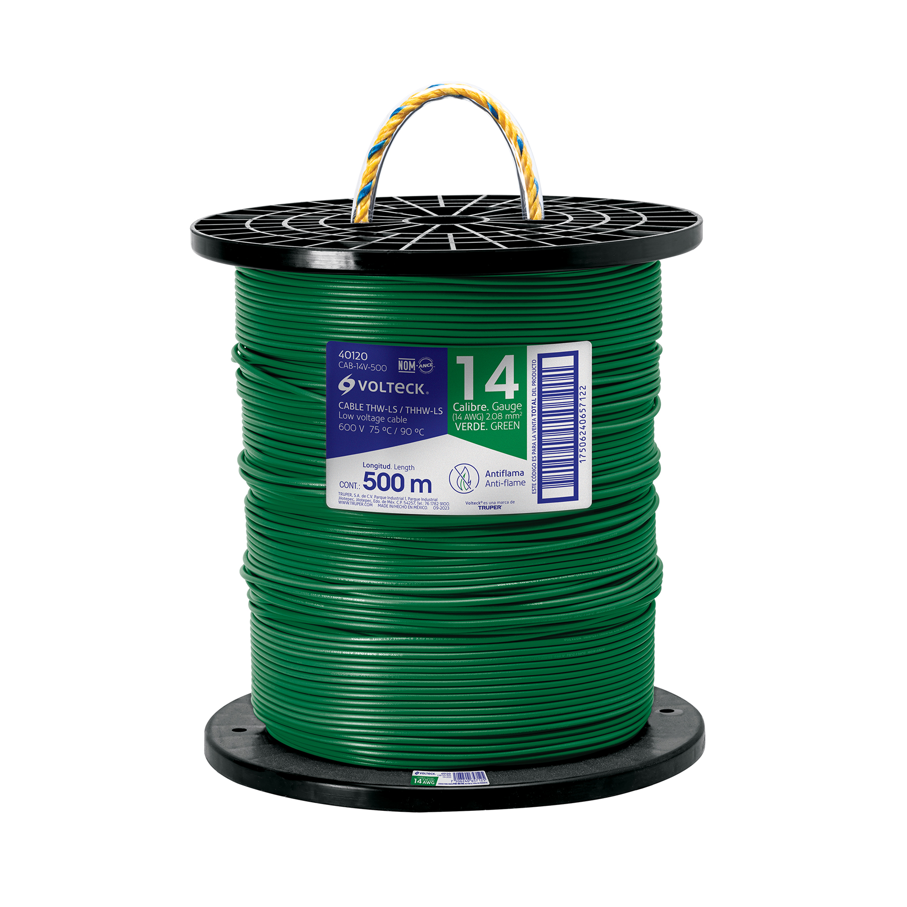 Metro de cable THHW-LS 14 AWG verde en carrete de 500 m