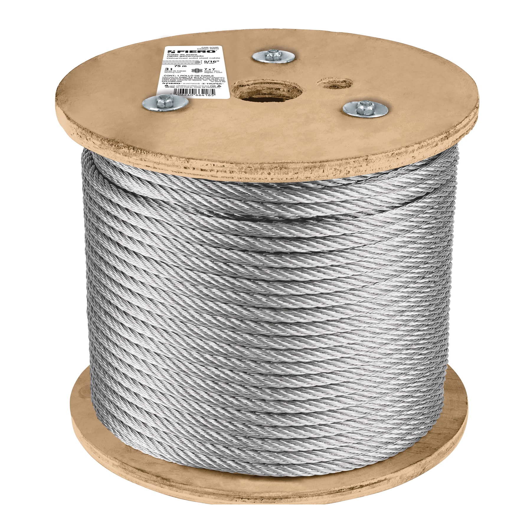 Metro de cable rígido 5/16' de acero 7x7 hilos, 75 m, FIERO