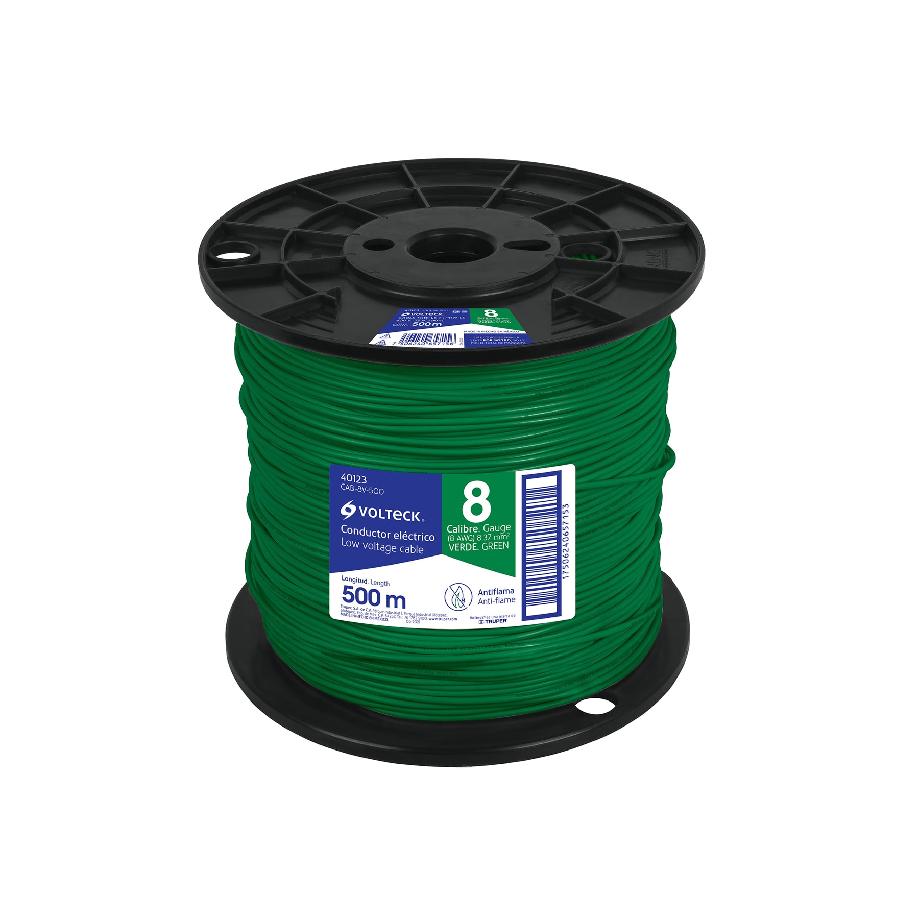 Metro de cable THHW-LS 8 AWG verde en carrete de 500 m