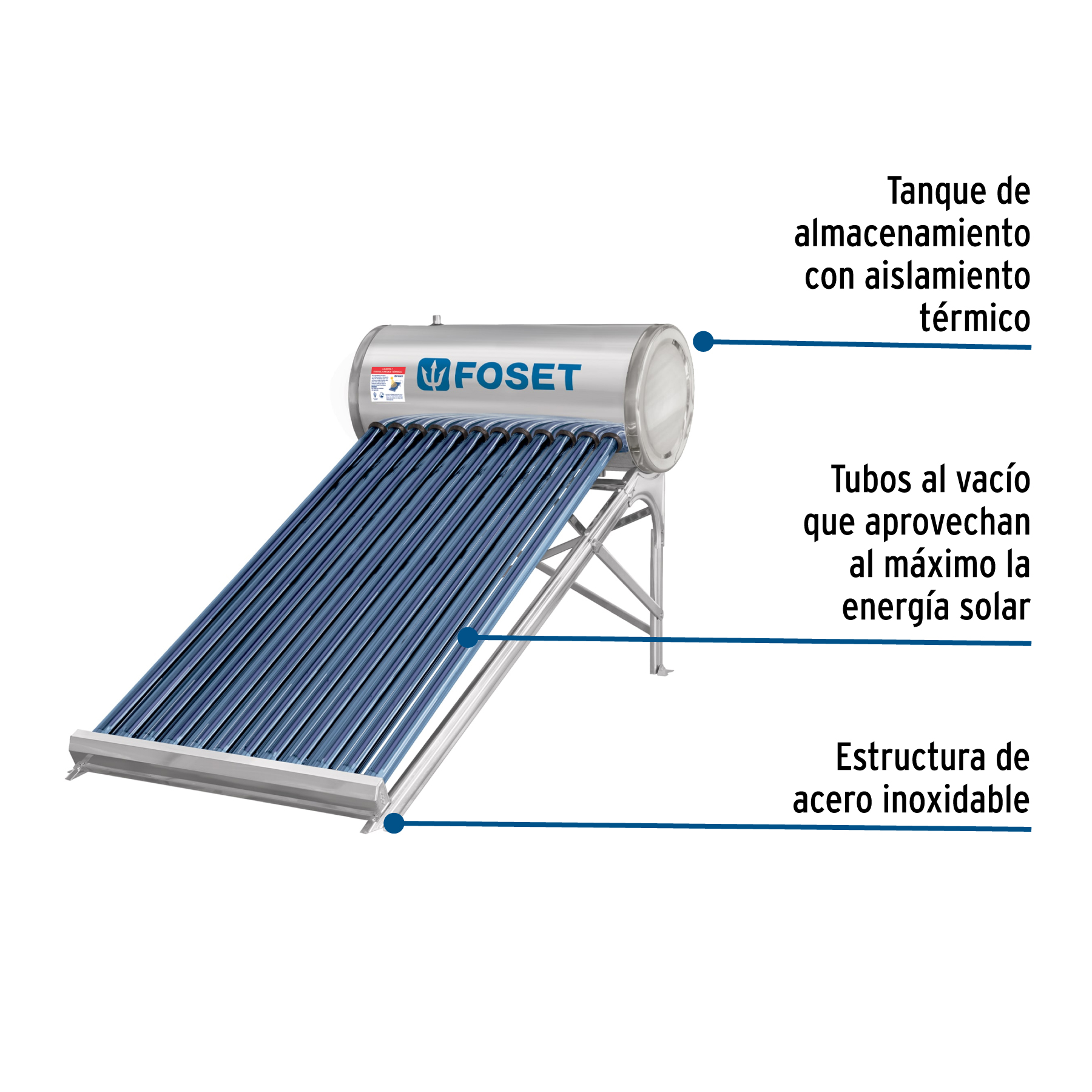 Calentador solar de agua, 12 tubos, 150L, 4 personas, Foset - Imagen 2