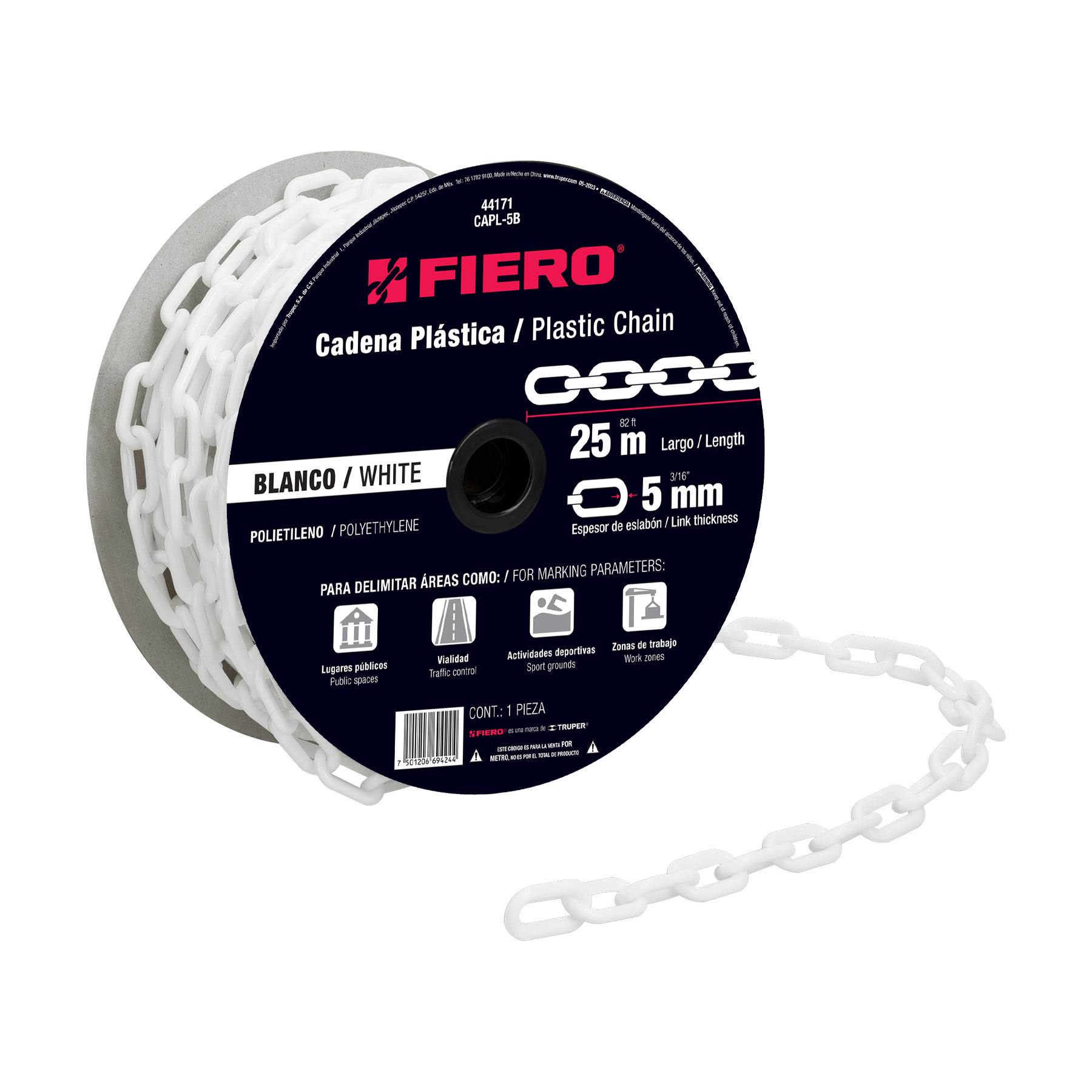 Metro de cadena de 5 mm de plástico blanca, carrete de 25 m