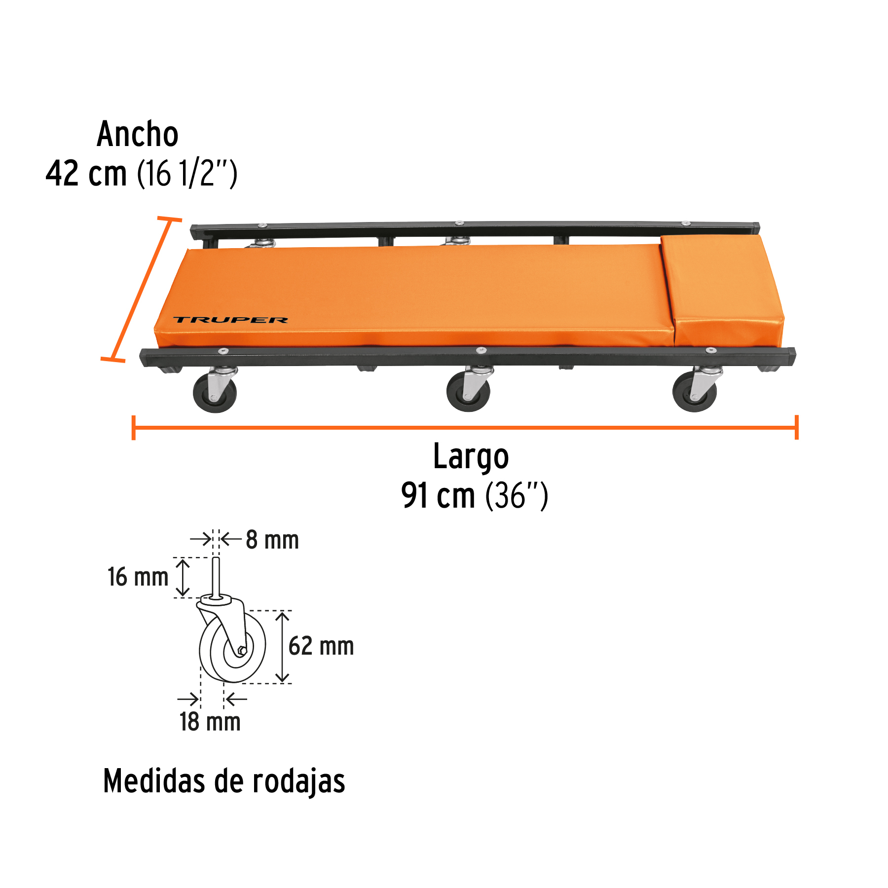 Cama de acero 36' para mecánico, Truper - Imagen 3