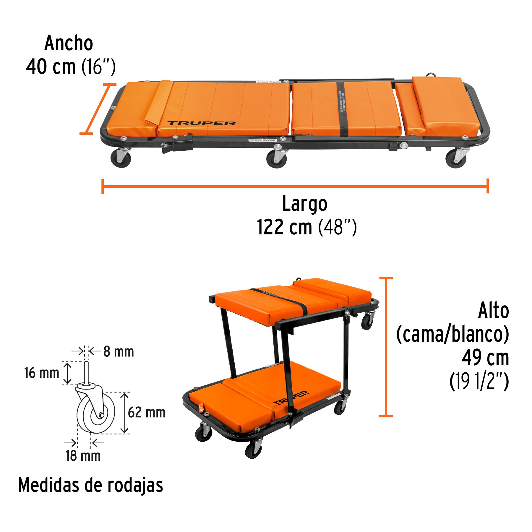 Cama / banco de 48' para mecánico, Truper - Imagen 3