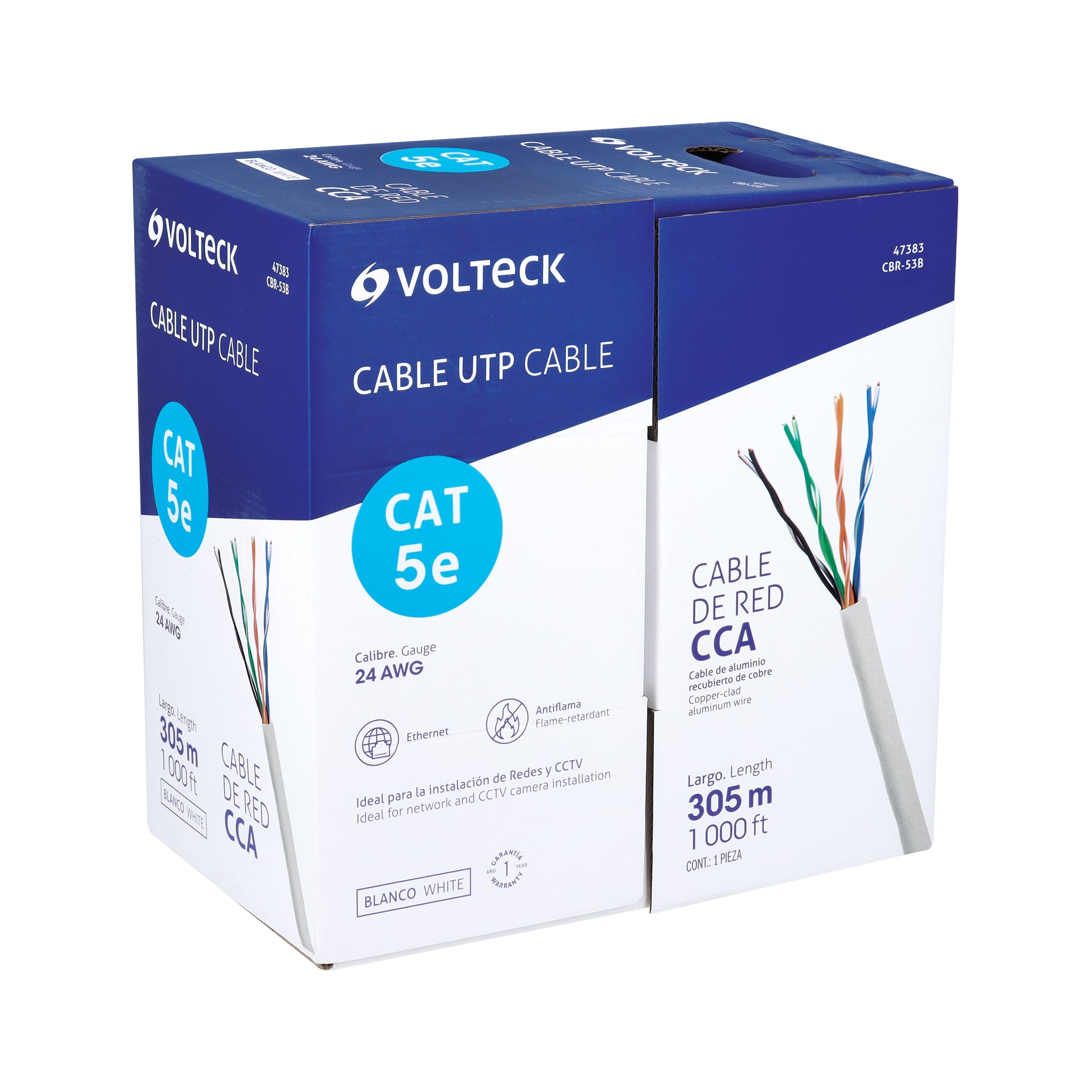 Metro de cable UTP CAT5E, Bobina de 305m, blanco, VOLTECK