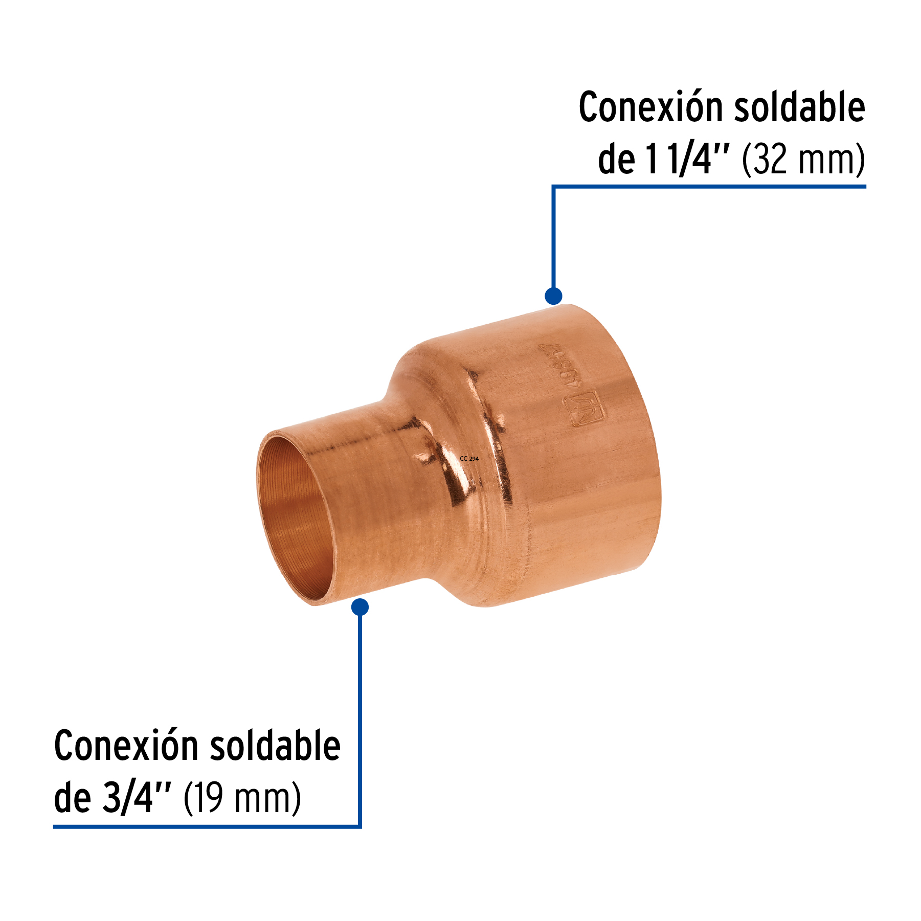 Reducción campana de cobre 1-1/4 x 3/4', FOSET - Imagen 2