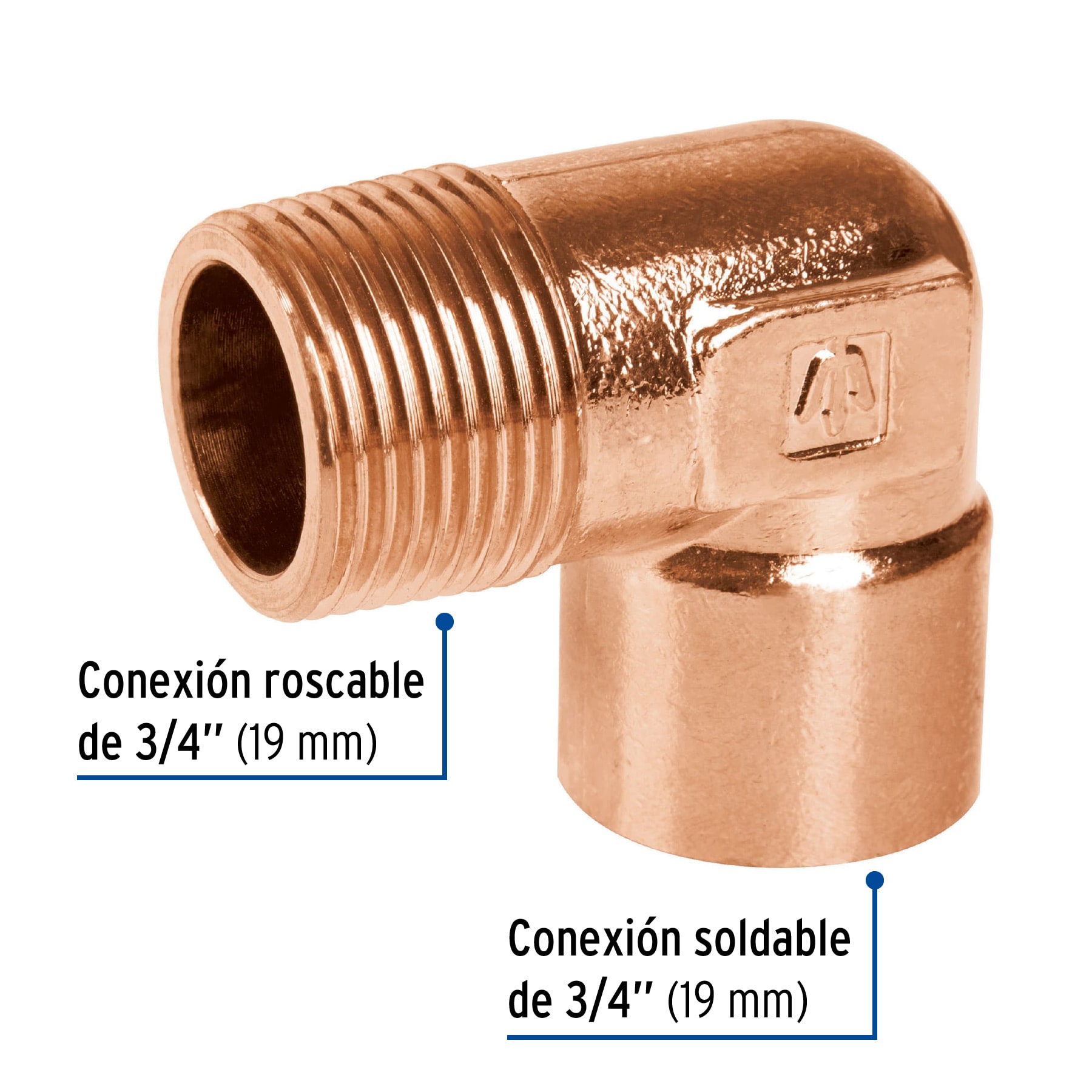 Codo 90° de cobre, rosca exterior 3/4', Foset - Imagen 2