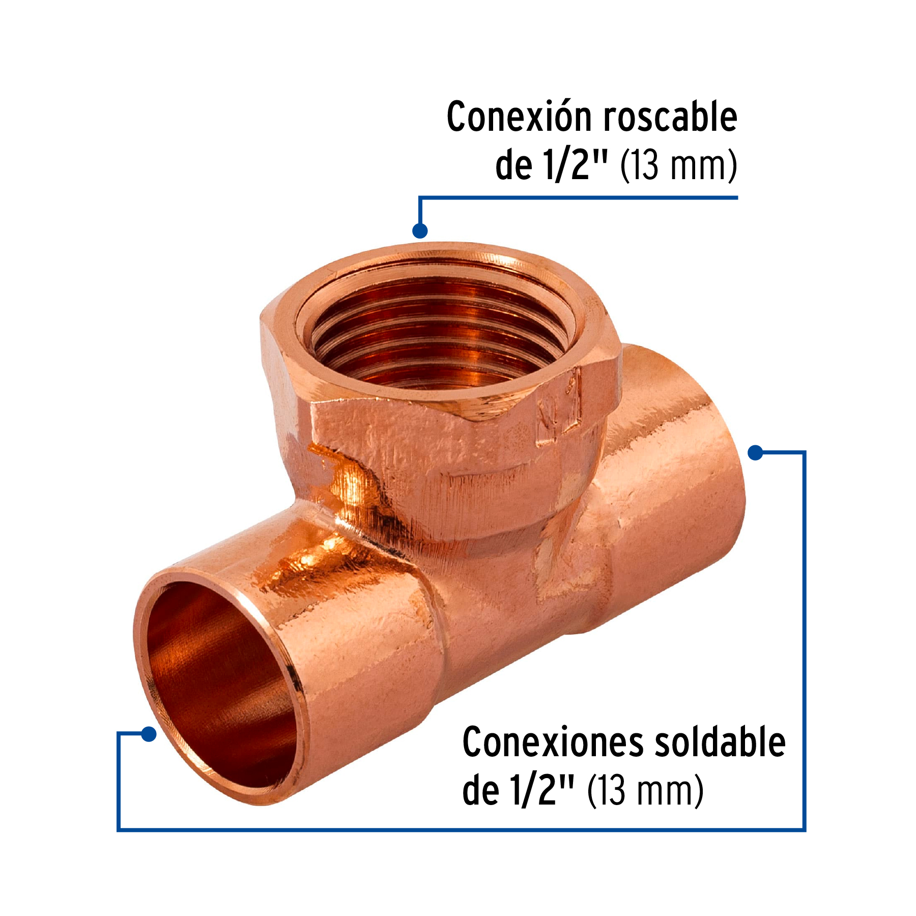 Tee de cobre rosca interior central 1/2', FOSET - Imagen 2