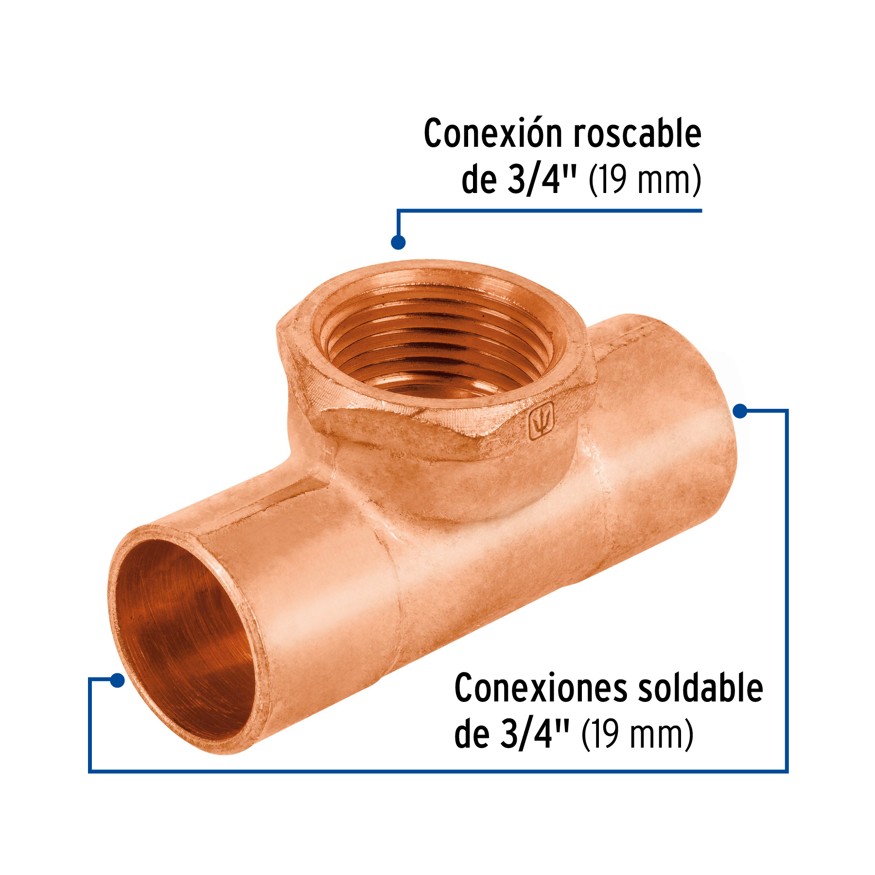 Tee de cobre rosca interior central 3/4', FOSET - Imagen 2