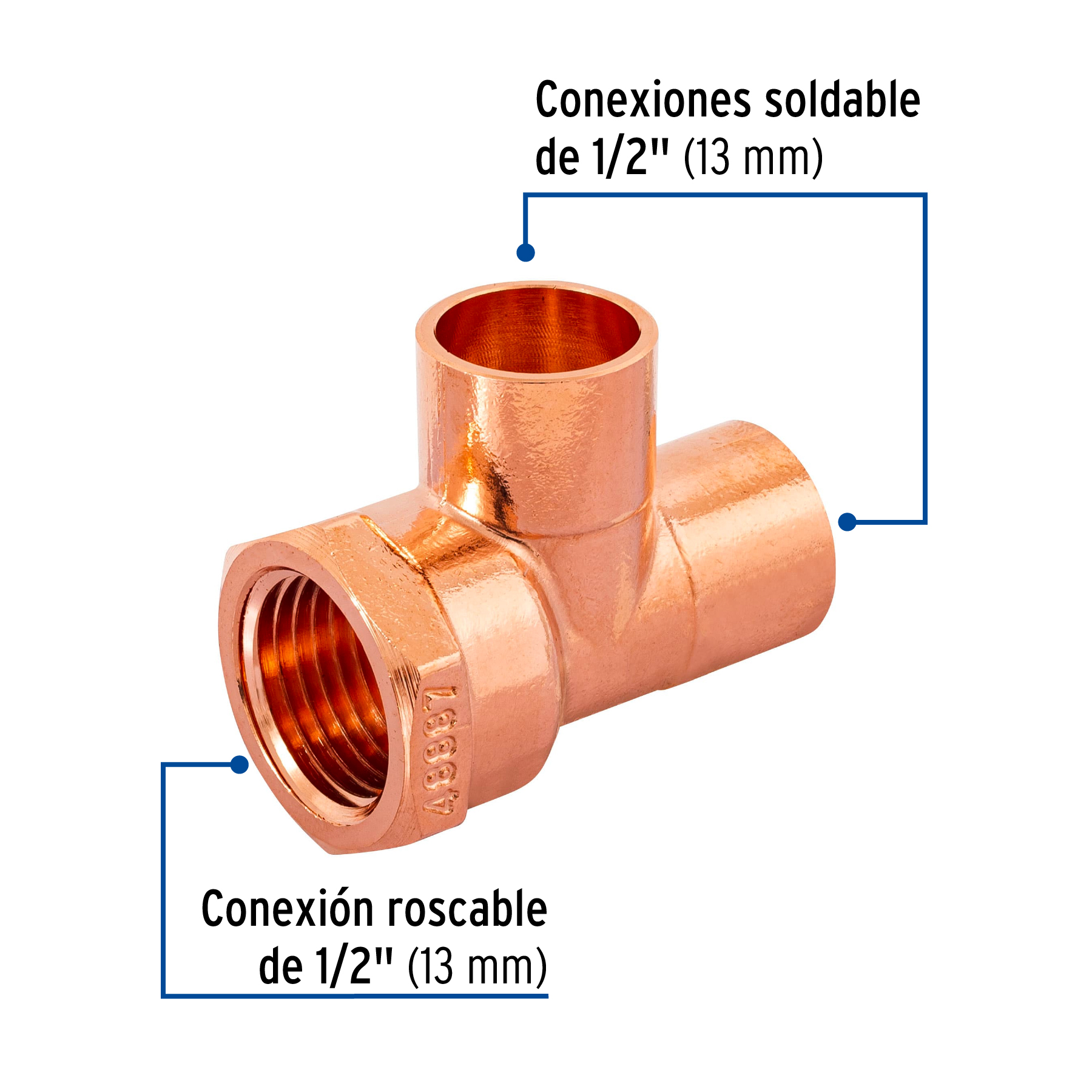 Tee de cobre rosca interior lateral 1/2', FOSET - Imagen 2