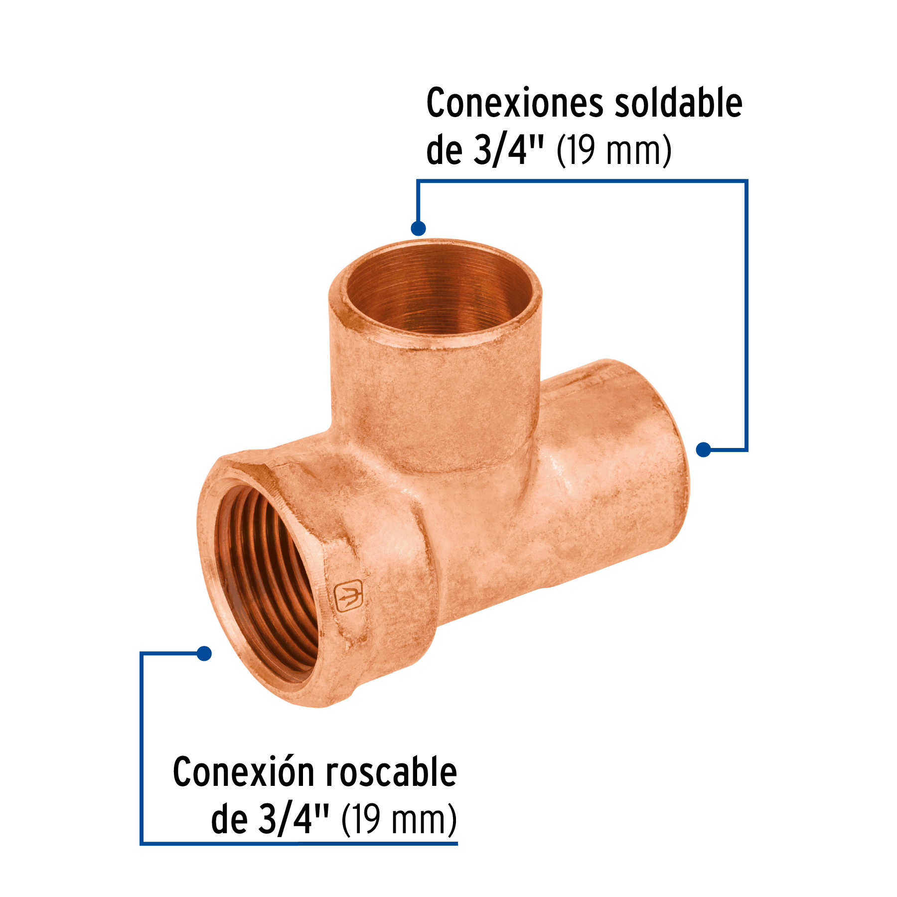 Tee de cobre rosca interior lateral 3/4', FOSET - Imagen 2