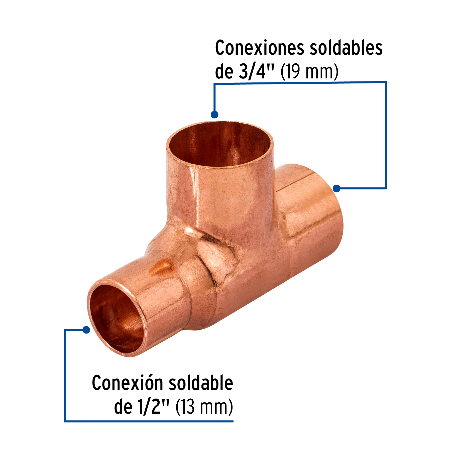 Tee reducida de cobre 3/4' x 1/2' x 3/4', FOSET - Imagen 2