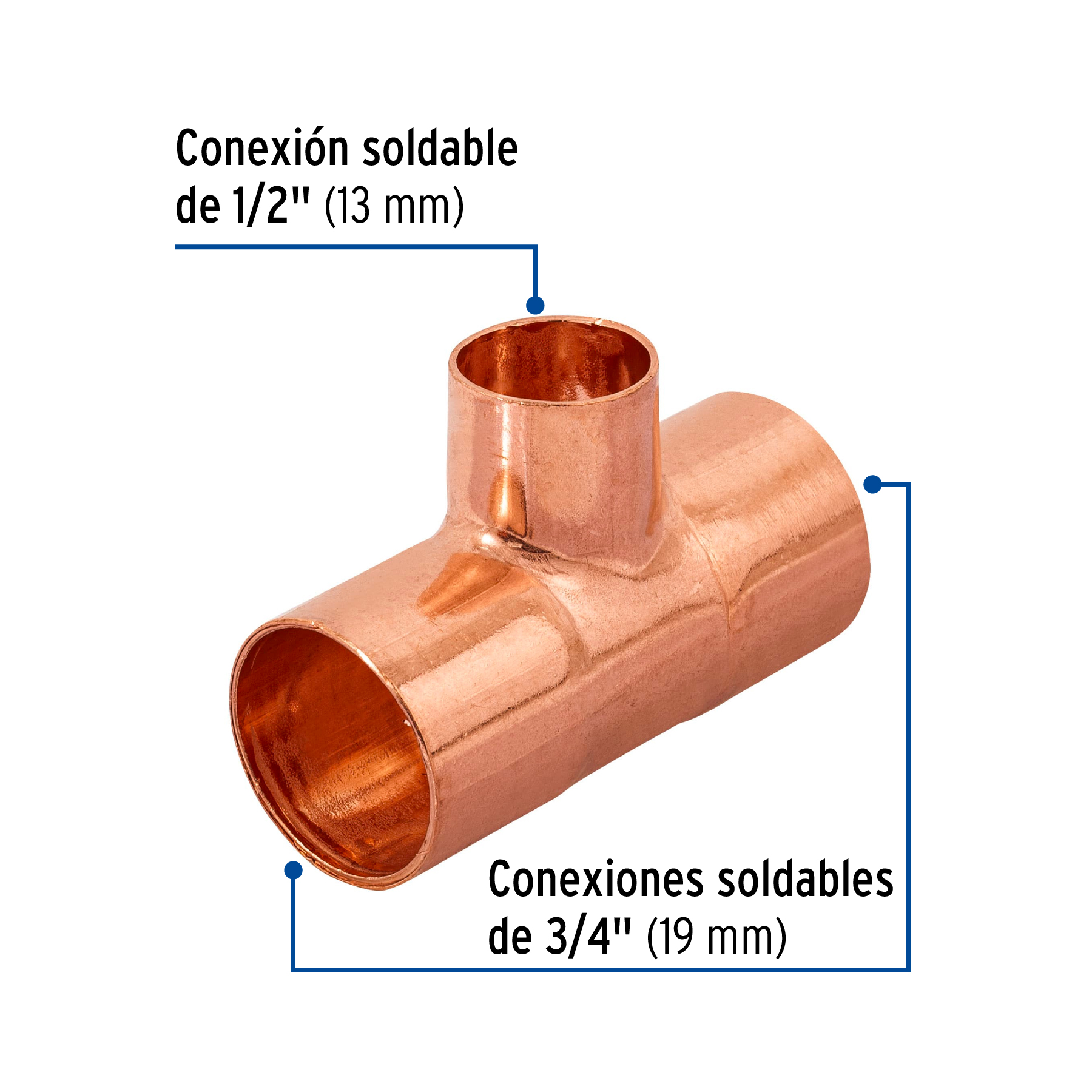 Tee reducida de cobre 3/4' x 3/4' x 1/2', FOSET - Imagen 2