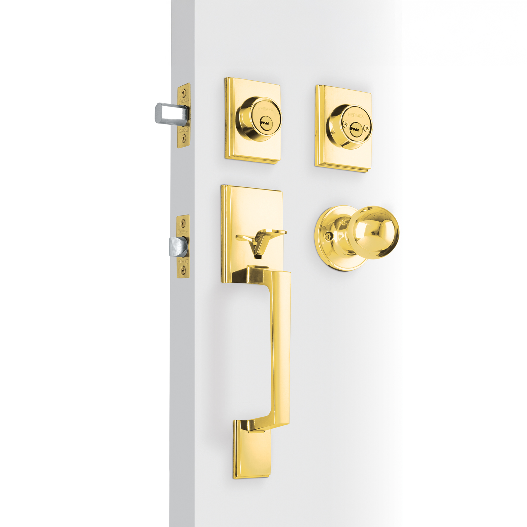 Jaladera, perilla y cerrojo llave-llave 'Porto', latón brill