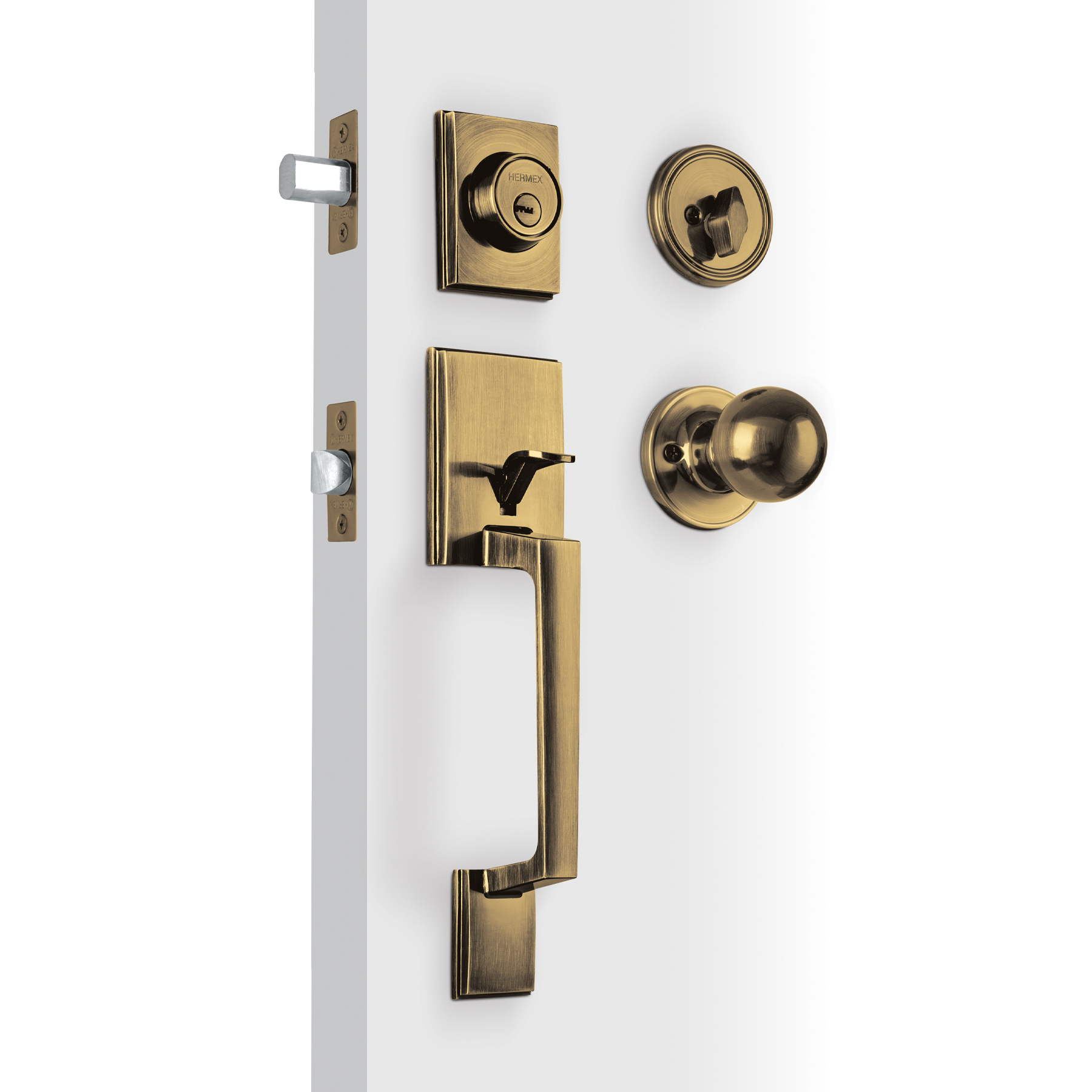 Jaladera, perilla y cerrojo llave-mariposa 'Porto',latón ant