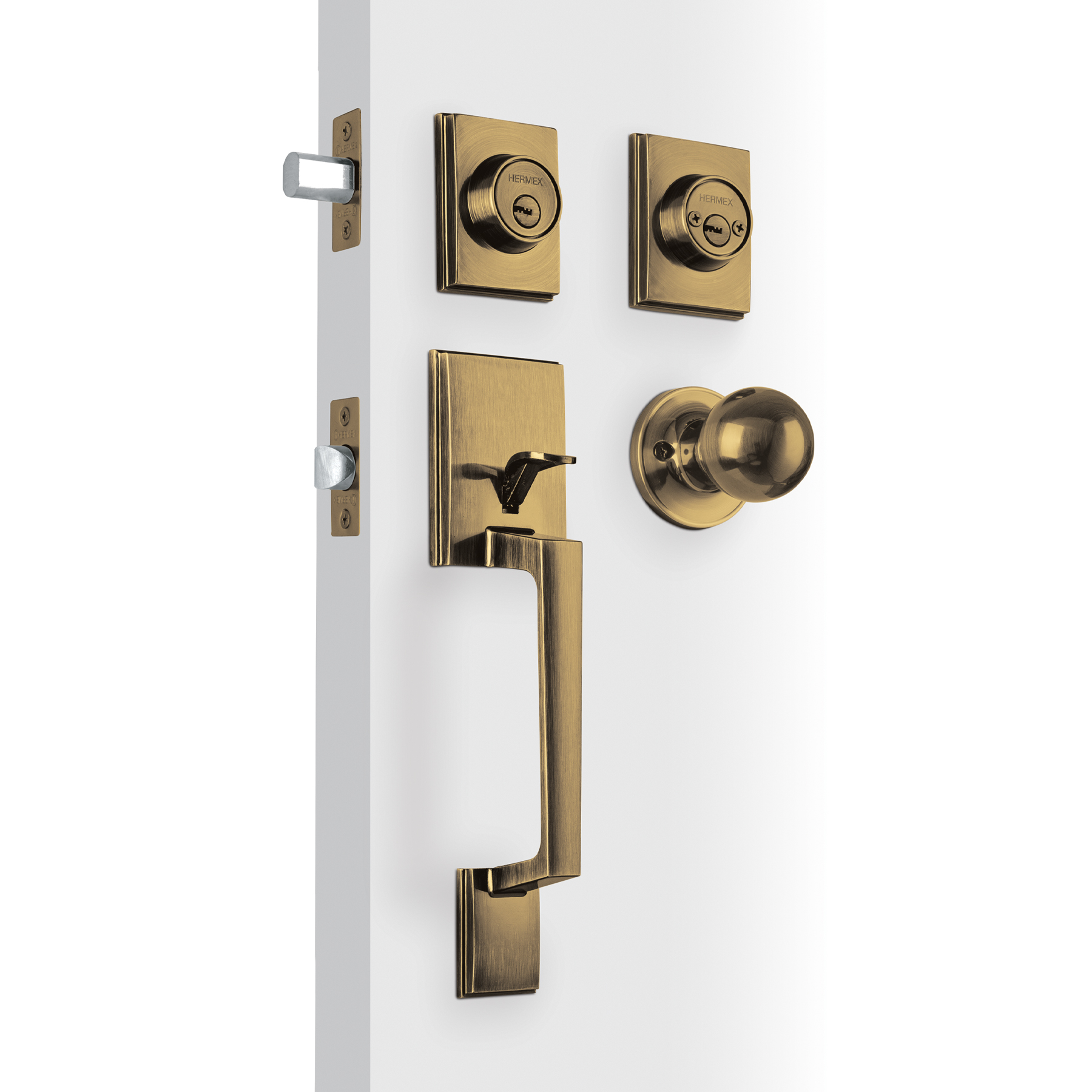 Jaladera, perilla y cerrojo llave-llave 'Porto', latón ant.