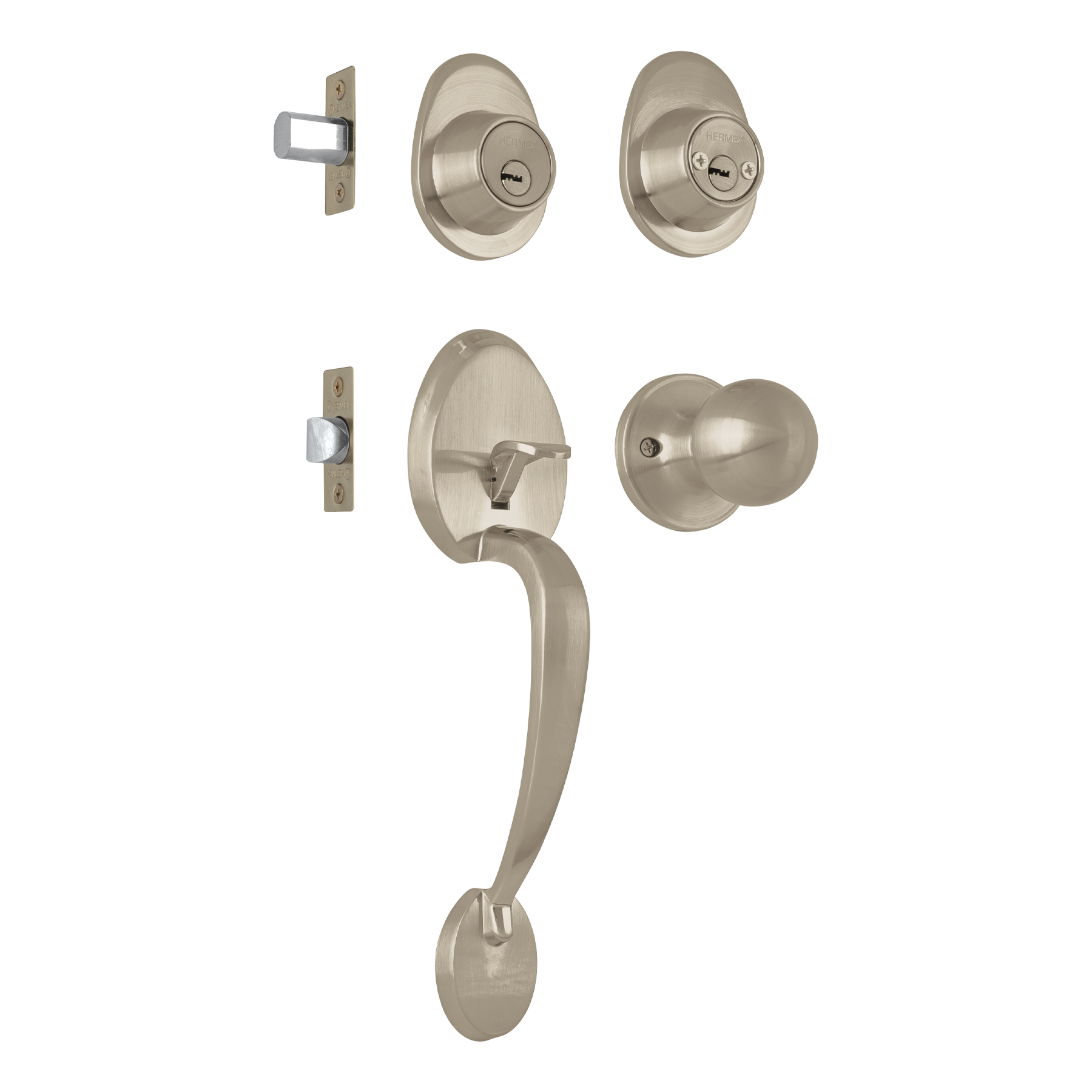 Jaladera, perilla y cerrojo llave-llave 'Lugo', níquel sat.