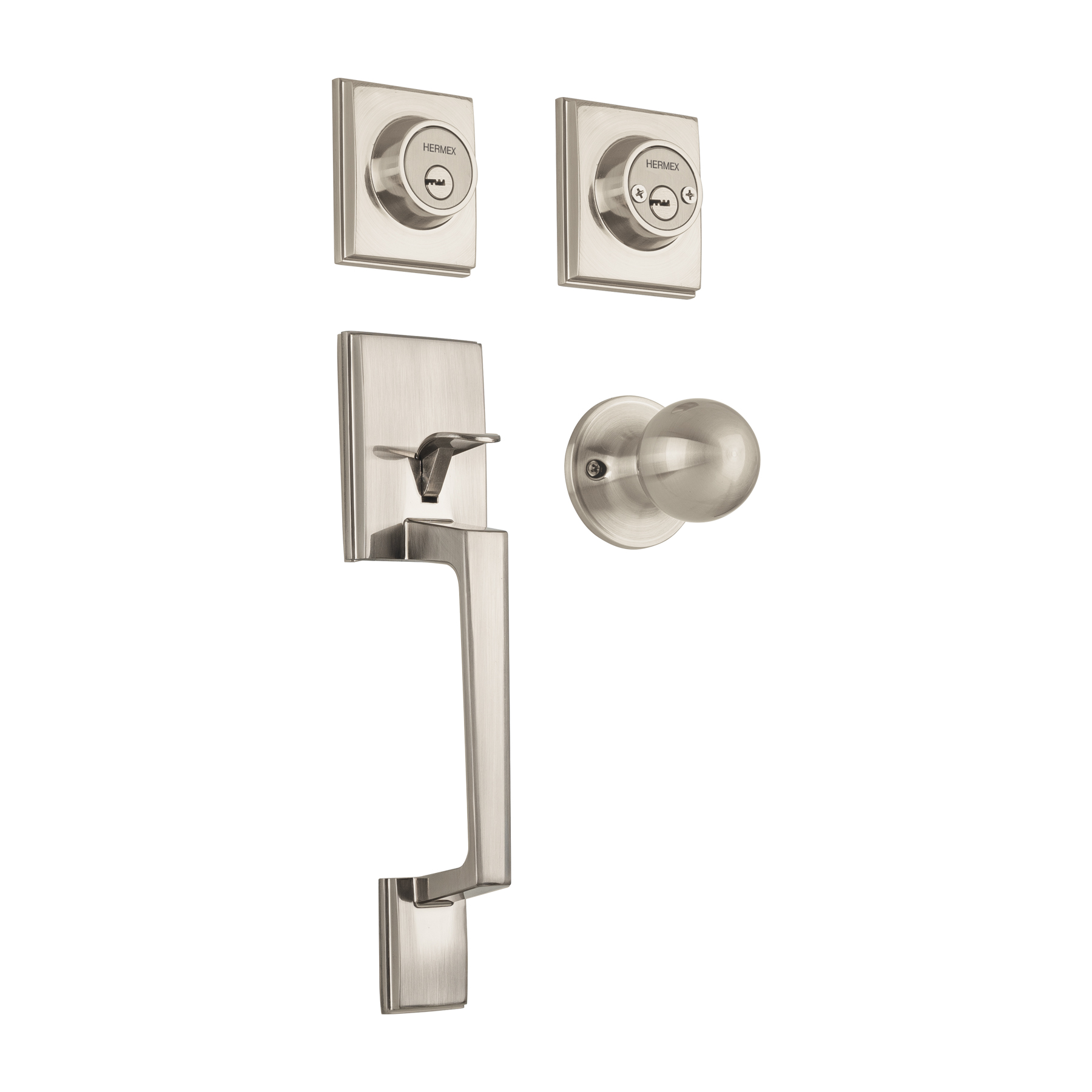 Jaladera, perilla y cerrojo llave-llave 'Porto', níquel sat.