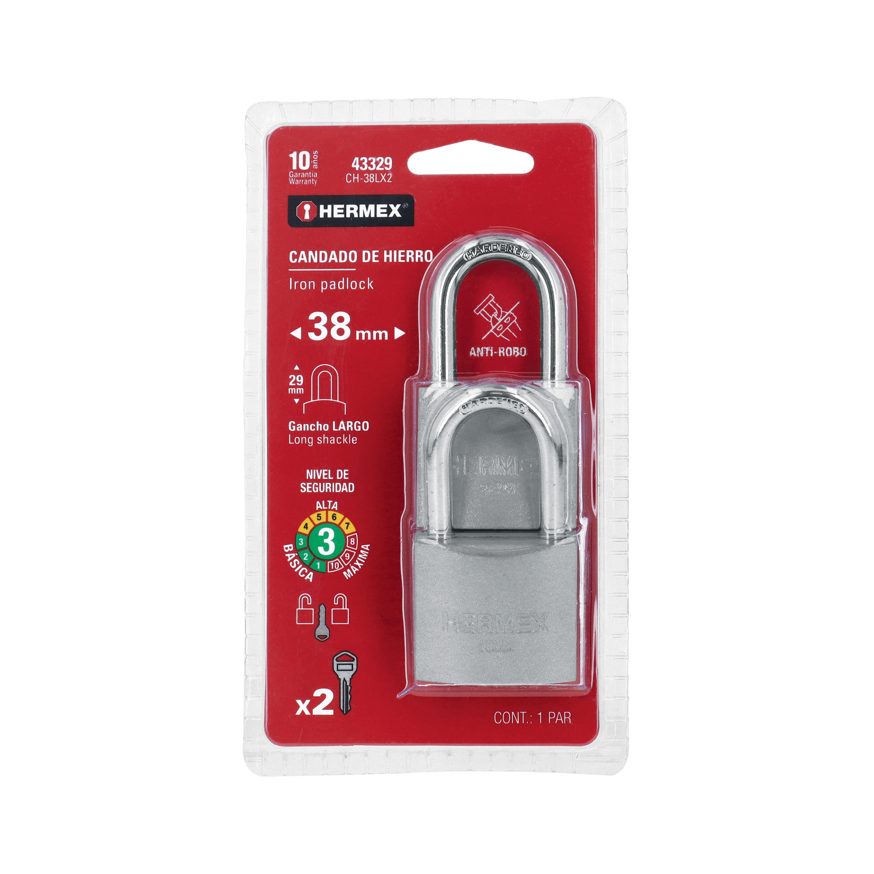 Blíster con 2 candados de hierro de 38mm con gancho largo