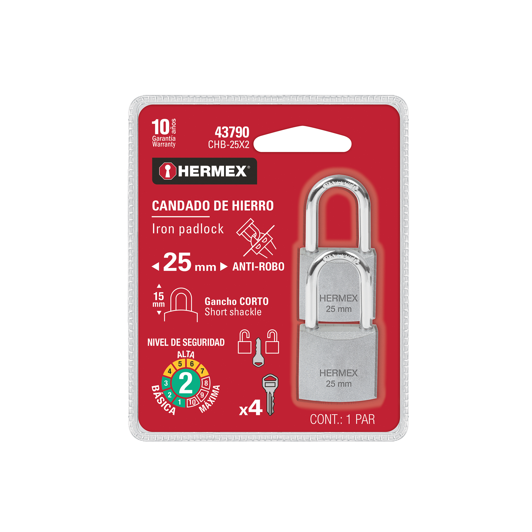 Blíster con 2 candados de hierro de 25mm con gancho corto