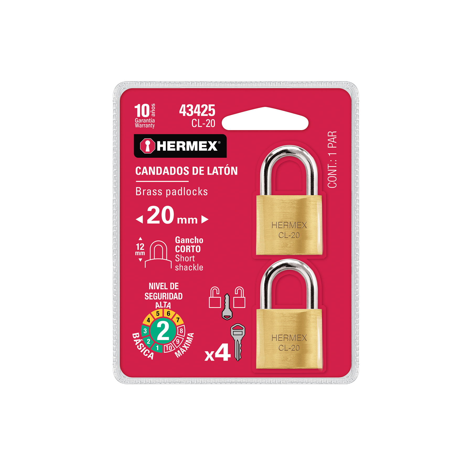 Blíster con 2 candados de latón de 20mm con gancho corto