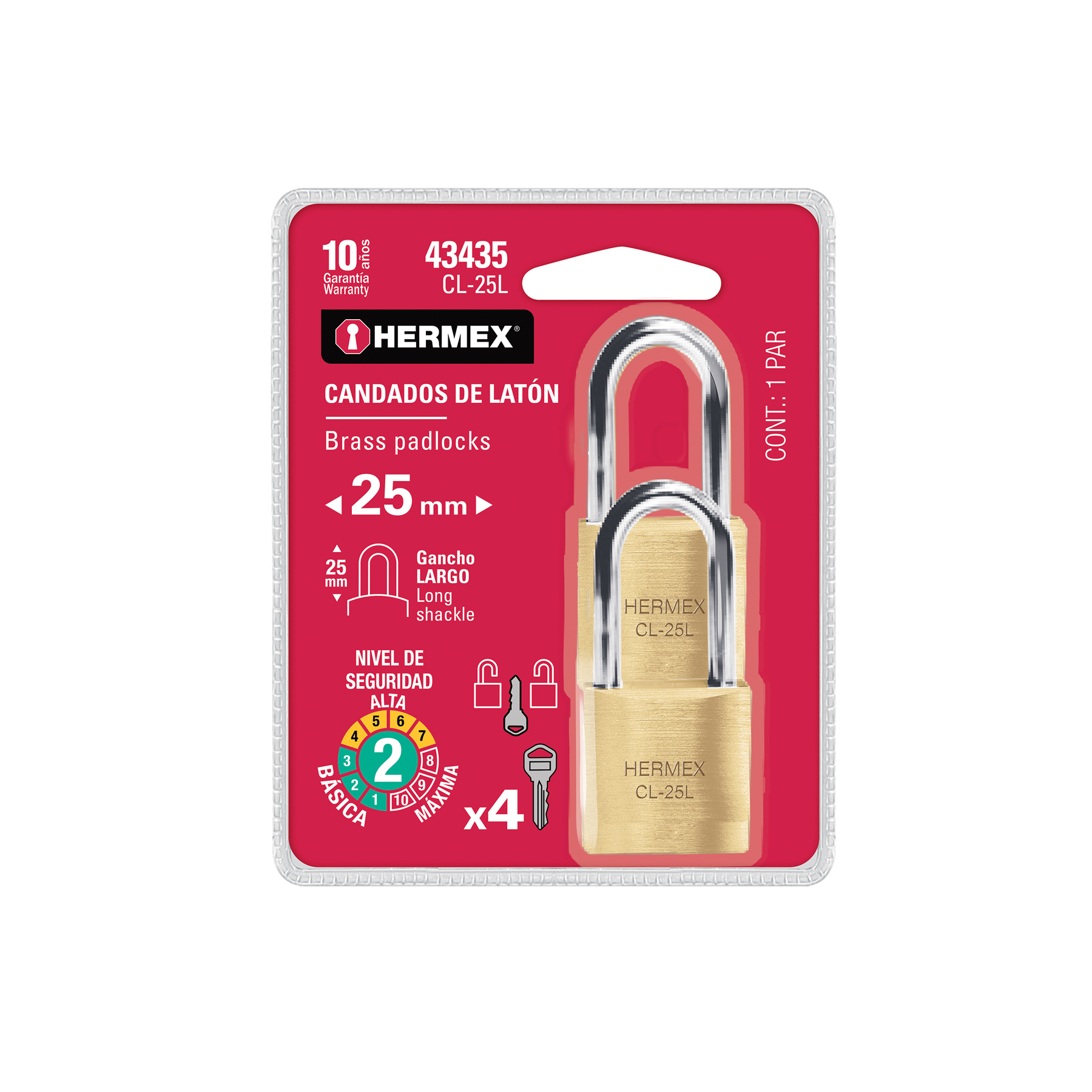 Blíster con 2 candados de latón de 25mm con gancho largo